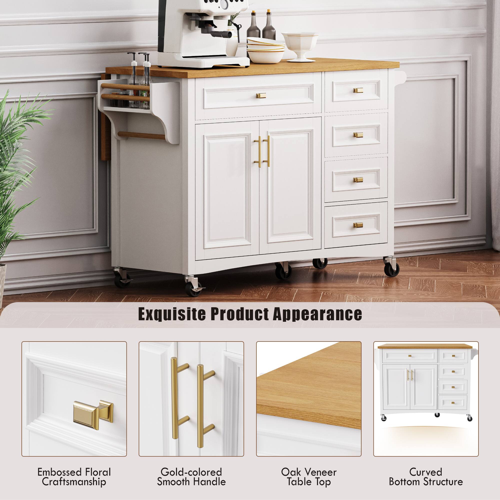 Exquisite Product Appearance

- Embossed Floral Craftsmanship
- Gold-colored Smooth Handle
- Oak Veneer Table Top
- Curved Bottom Structure