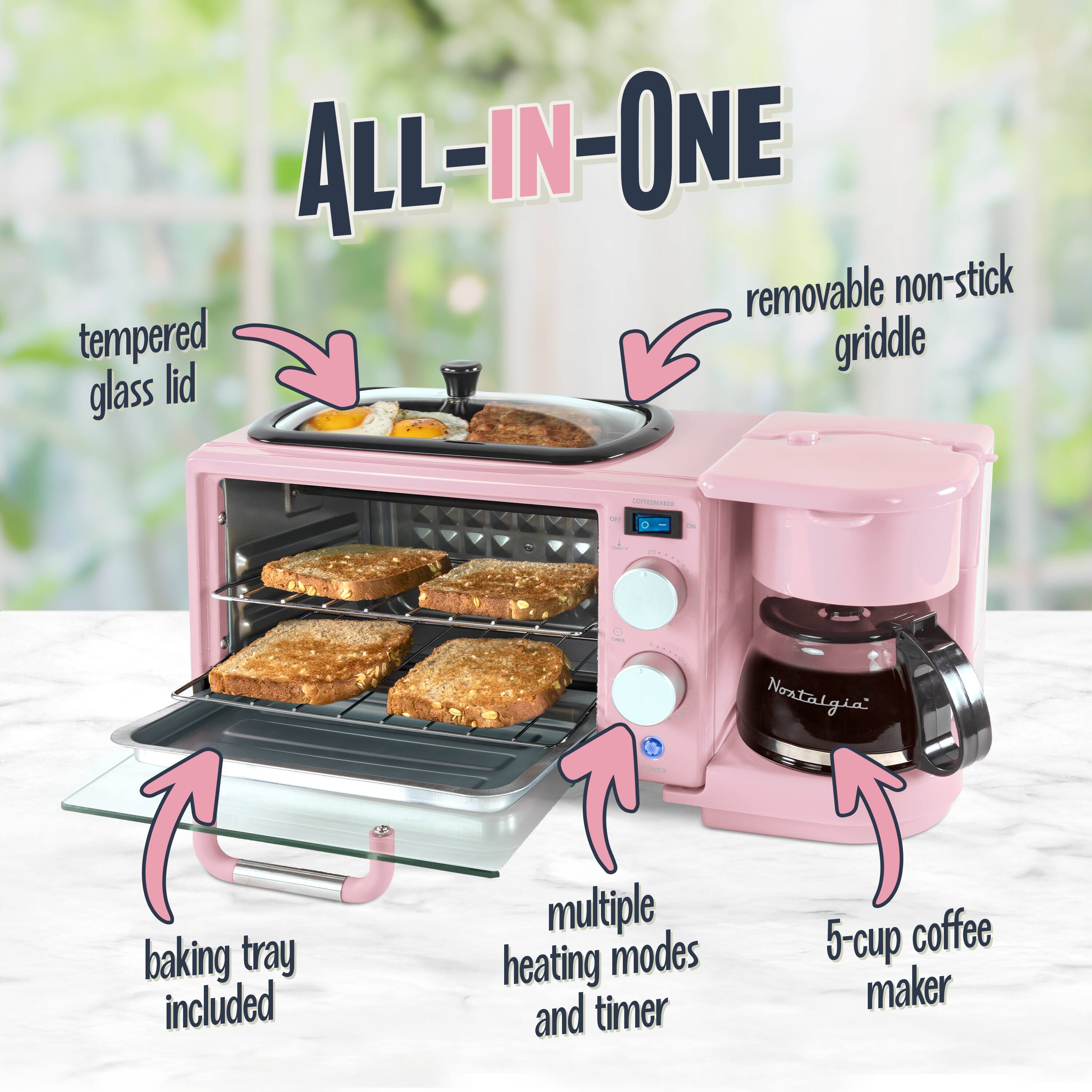 ALL-IN-ONE removable non-stick tempered griddle glass lid. - - T baking tray included. Nostalgia! multiple 5-cup coffee heating modes timer maker and