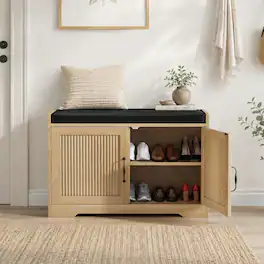 Ropilly - 31.5-Inch Entryway Shoe Bench, Double Door Shoe Storage Cabinet with Cushioned Seat for Hallway - Oak
