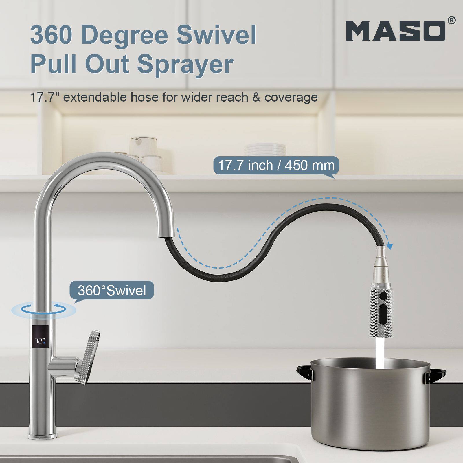 360 Degree Swivel MASO Pull Out Sprayer  
17.7" extendable hose for wider reach & coverage  
17.7 inch / 450 mm  
360° Swivel