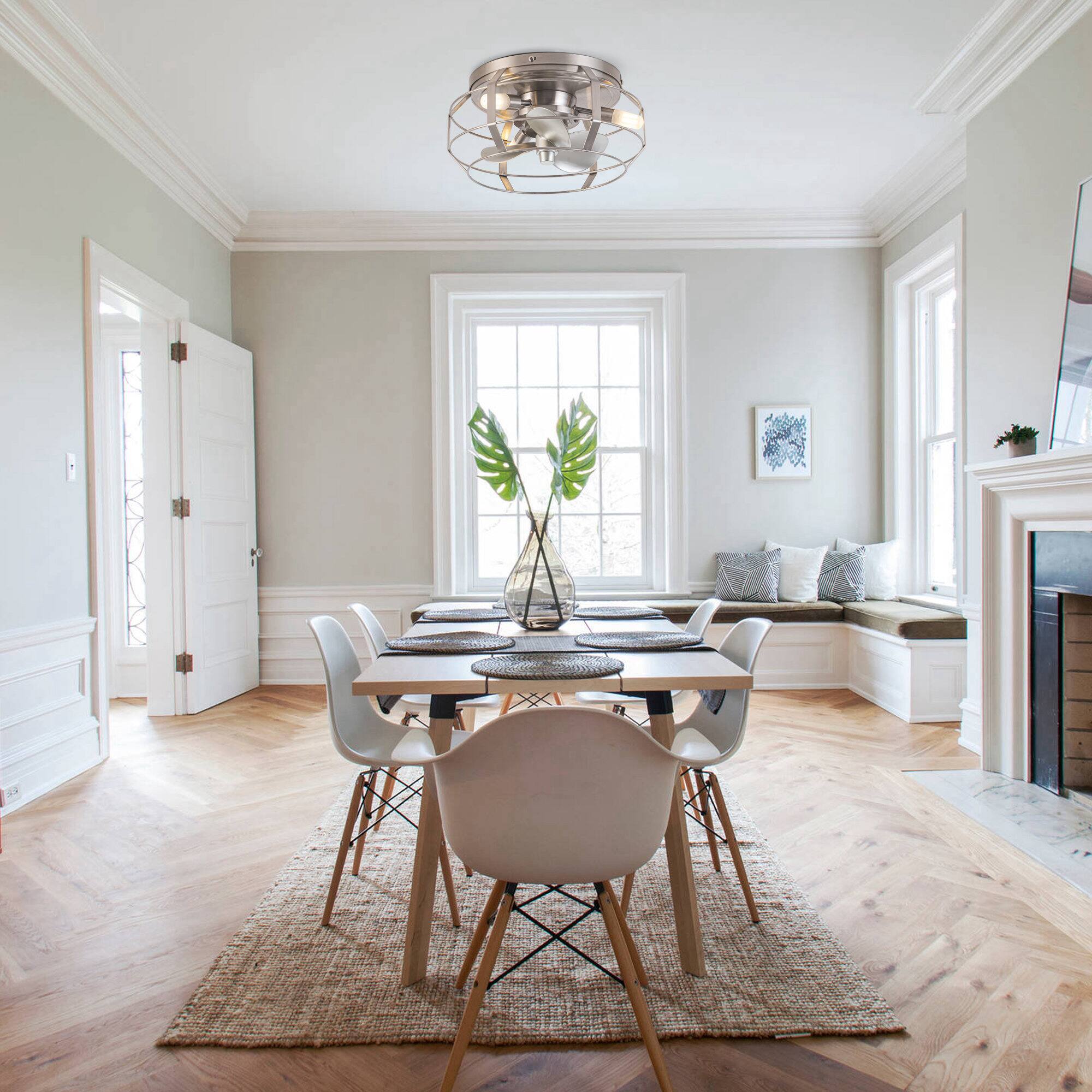 Left. Parrot Uncle - 12.2" Industrial Metal Caged Flush Mount Ceiling Fan with Light - Nickel.