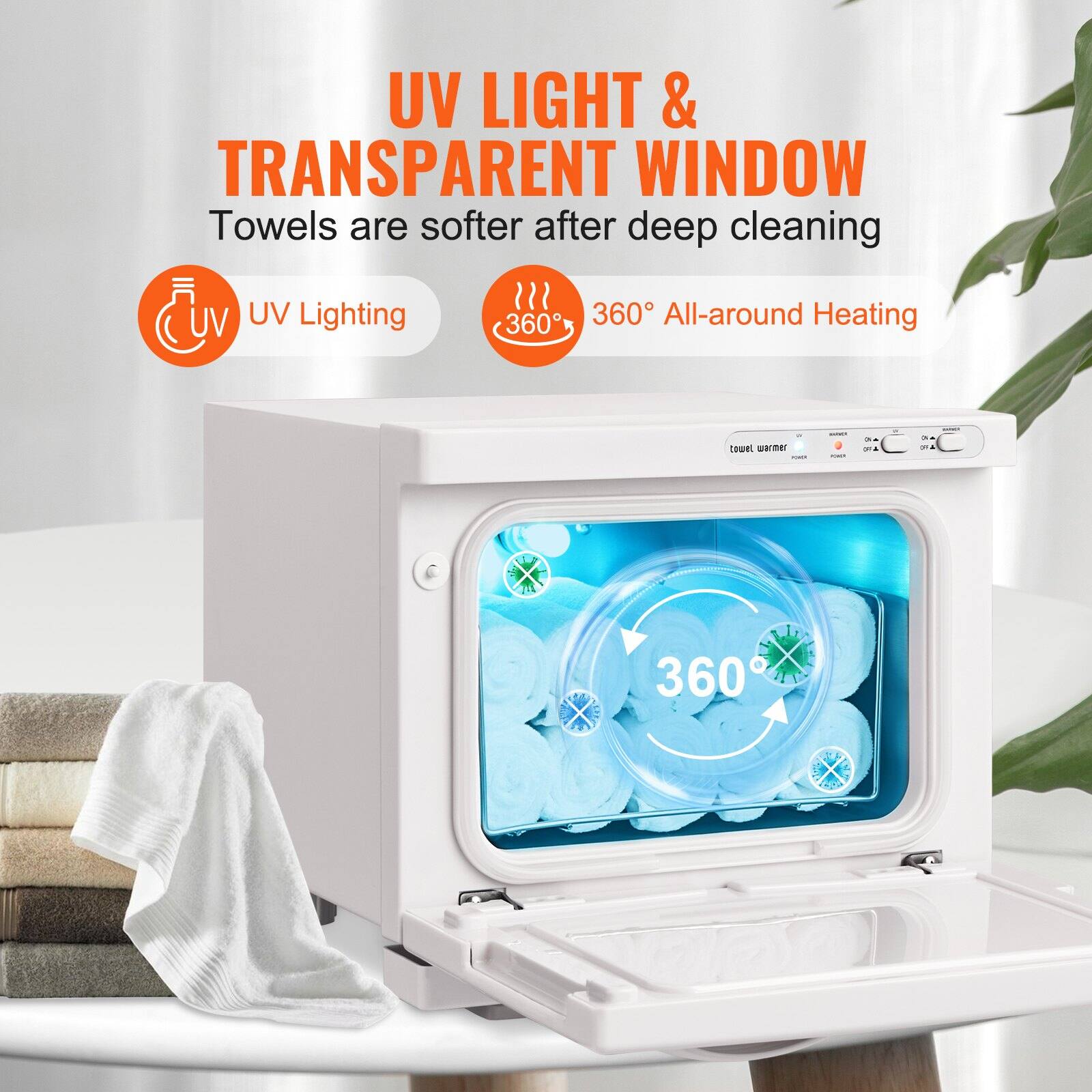 UV LIGHT & TRANSPARENT WINDOW  
Towels are softer after deep cleaning  

- UV Lighting  
- 360° All-around Heating
