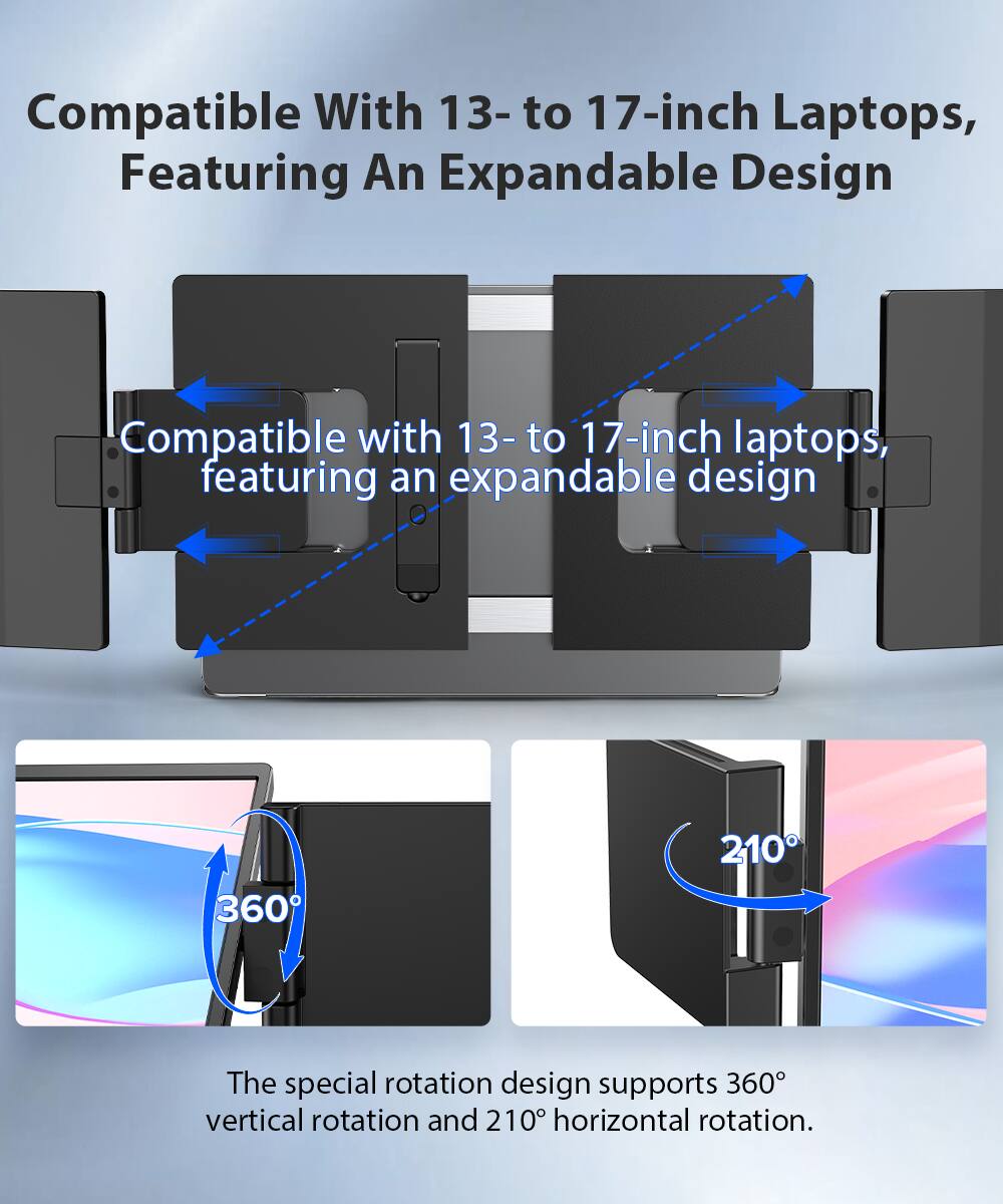 Compatible with 13- to 17-inch laptops, featuring an expandable design. The special rotation design supports 360° vertical rotation and 210° horizontal rotation.