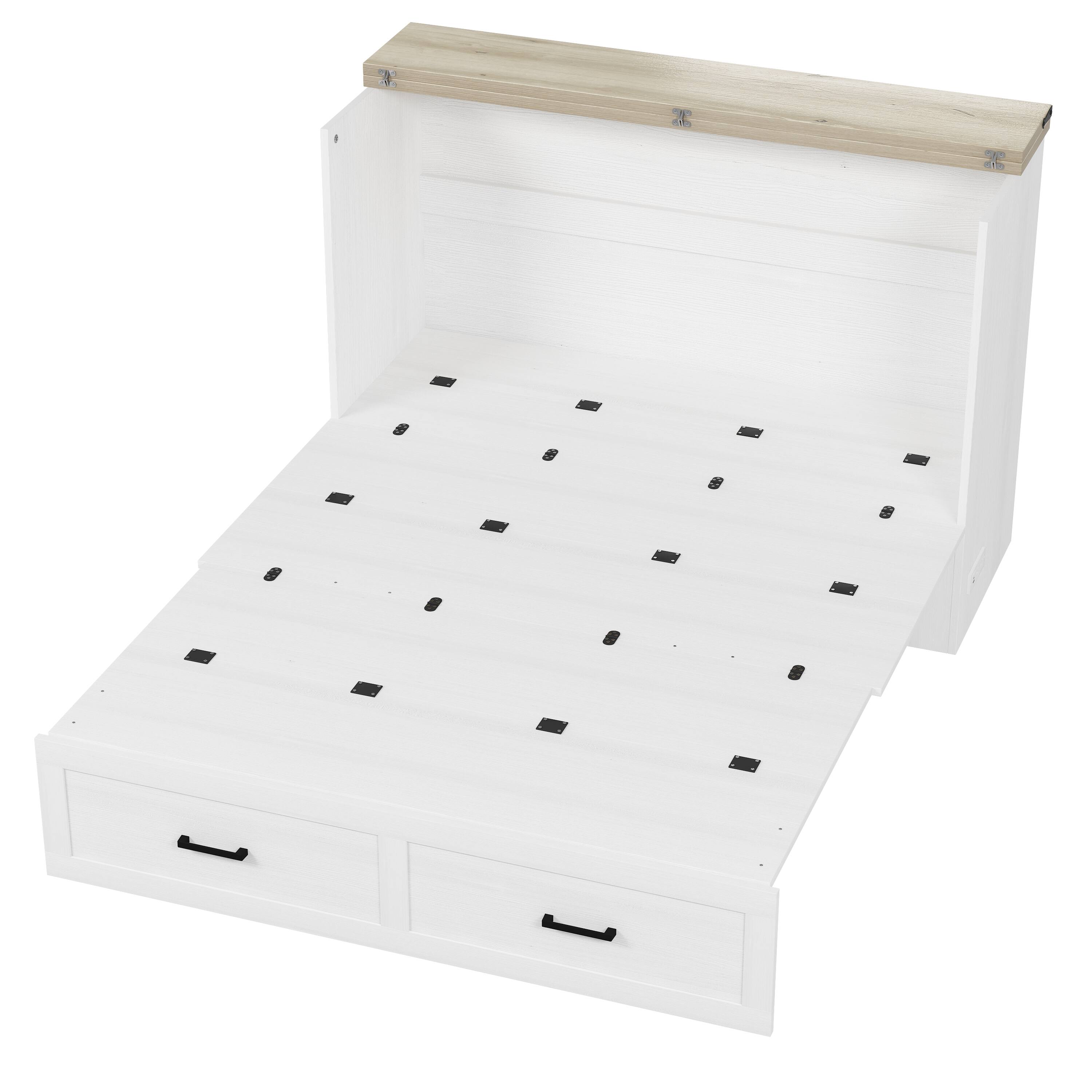 Alt View 7. Tiramisubest - Queen Size Murphy Cabinet Bed with Charging Station, Foldable Platform Bed with Large Storage Drawer, White - White.