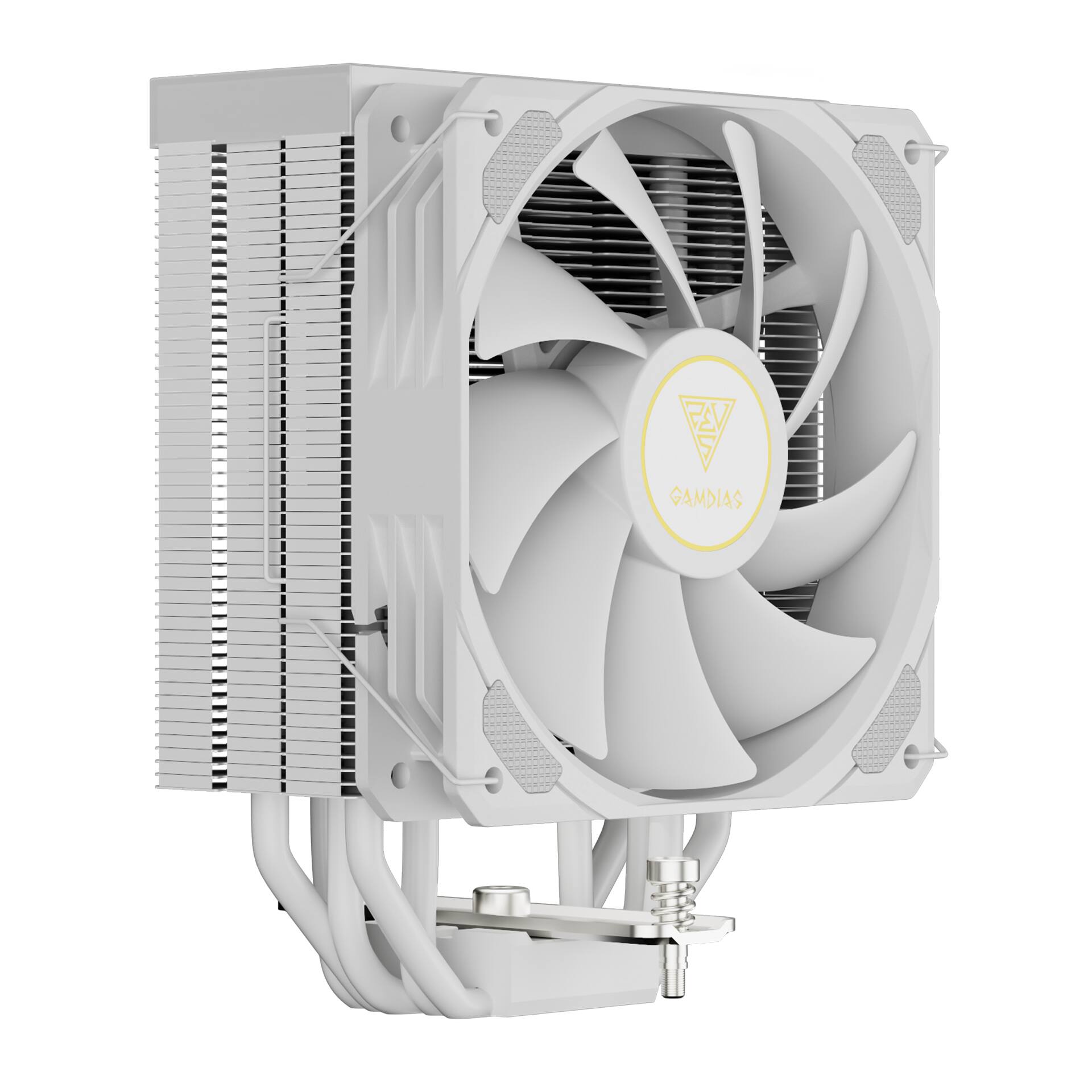 Left. GAMDIAS - BOREAS M2-51D White AMD/Intel CPU Air Cooler, 5 high performance Copper Heat Pipes, CPU Temperature and Fan RPM display - White.