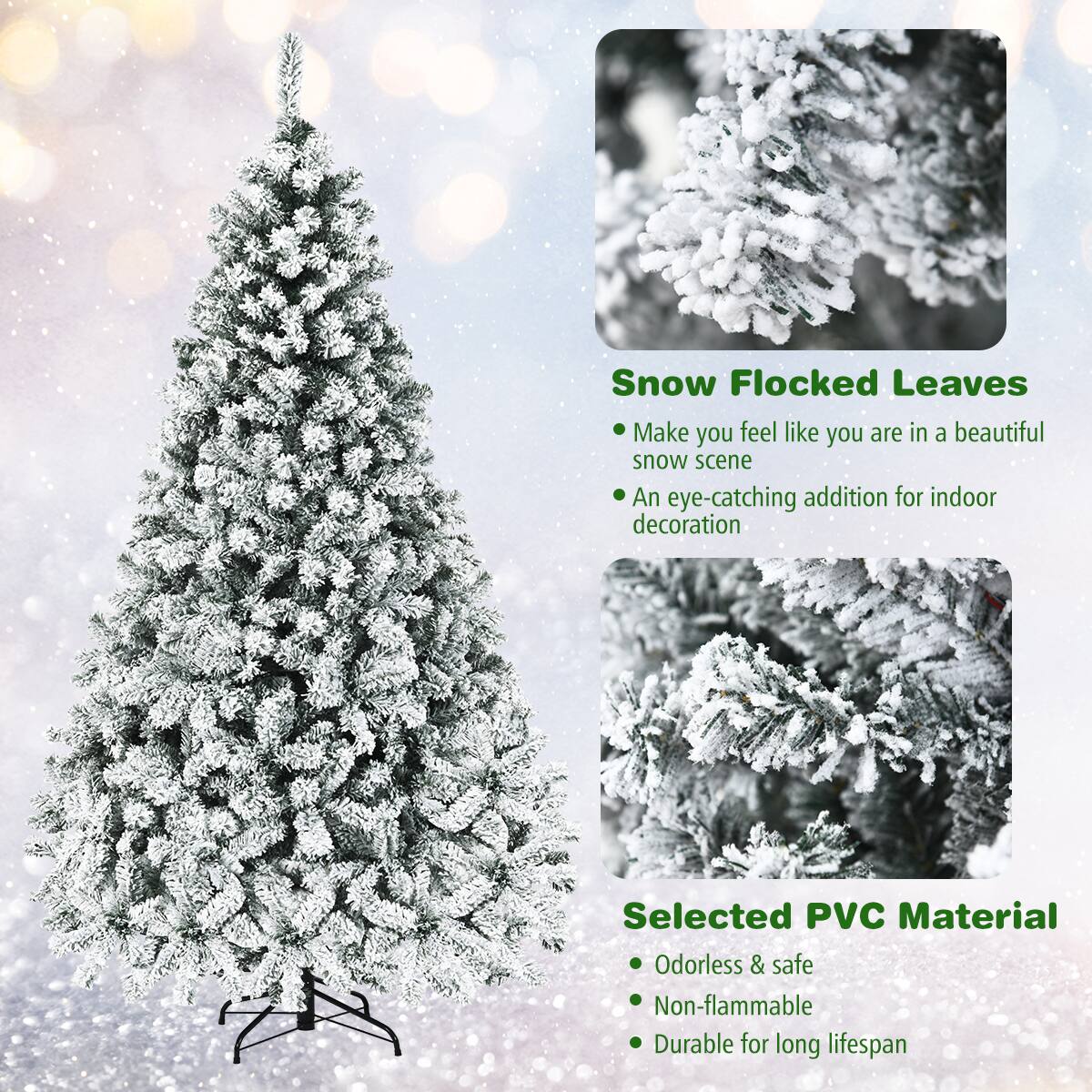 The text on the image is grouped and corrected as follows:

Snow Flocked Leaves:
Make you feel like you are in a beautiful snow scene.
An eye-catching addition for indoor decoration.
Selected PVC Material.
Odorless & safe.
Non-flammable.
Durable for long lifespan.