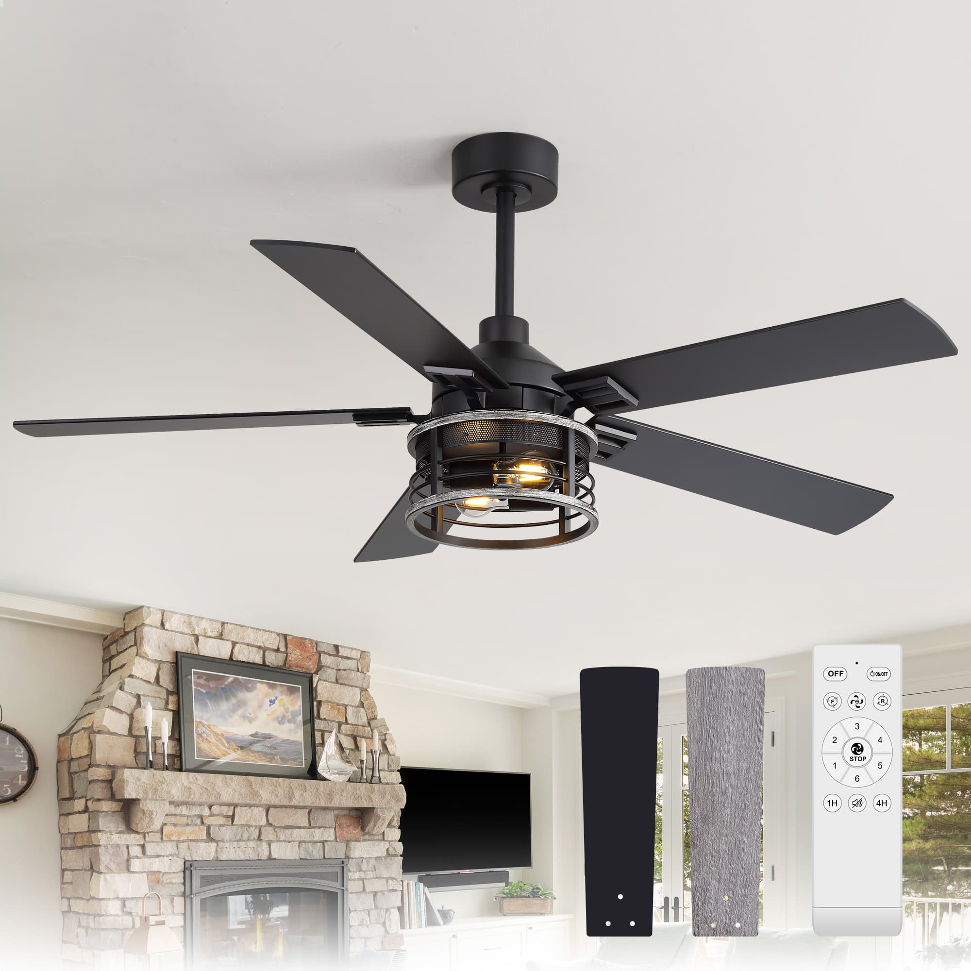 Breezary - 52-Inch Ceiling Fan with Light, Dual-Color Reversible Blades, Remote Control, DC Motor, Includes 5" & 10" Downrods - Black