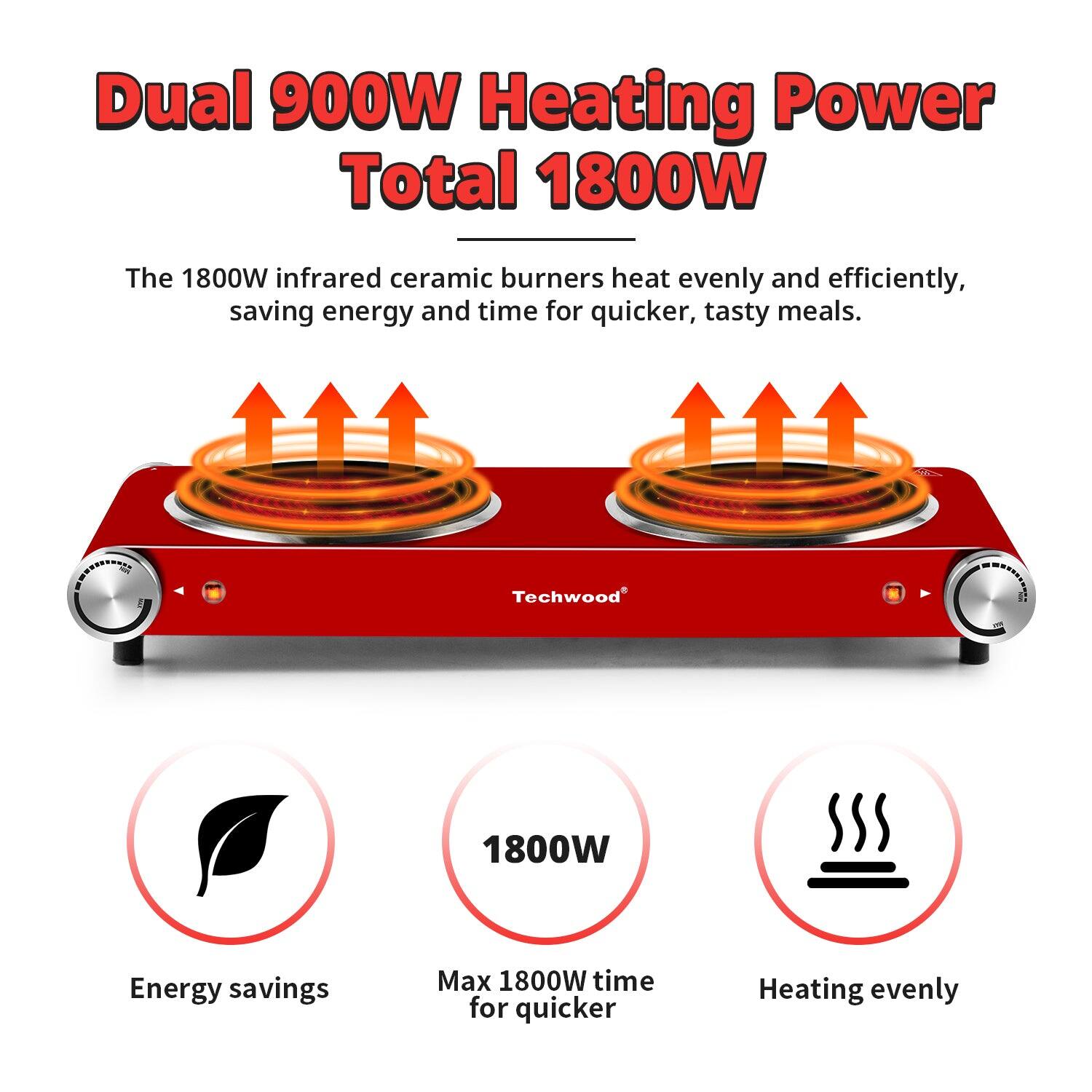 Dual 900W Heating Power  
Total 1800W  

The 1800W infrared ceramic burners heat evenly and efficiently, saving energy and time for quicker, tasty meals.  

Techwood®  

Energy savings  
Max 1800W time for quicker  
Heating evenly
