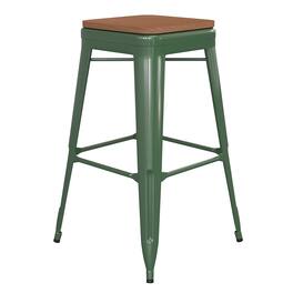 Emma + Oliver - Kam Backless Metal Indoor-Outdoor Stool with All-Weather Polystyrene Seat - Teak Seat/Green Frame