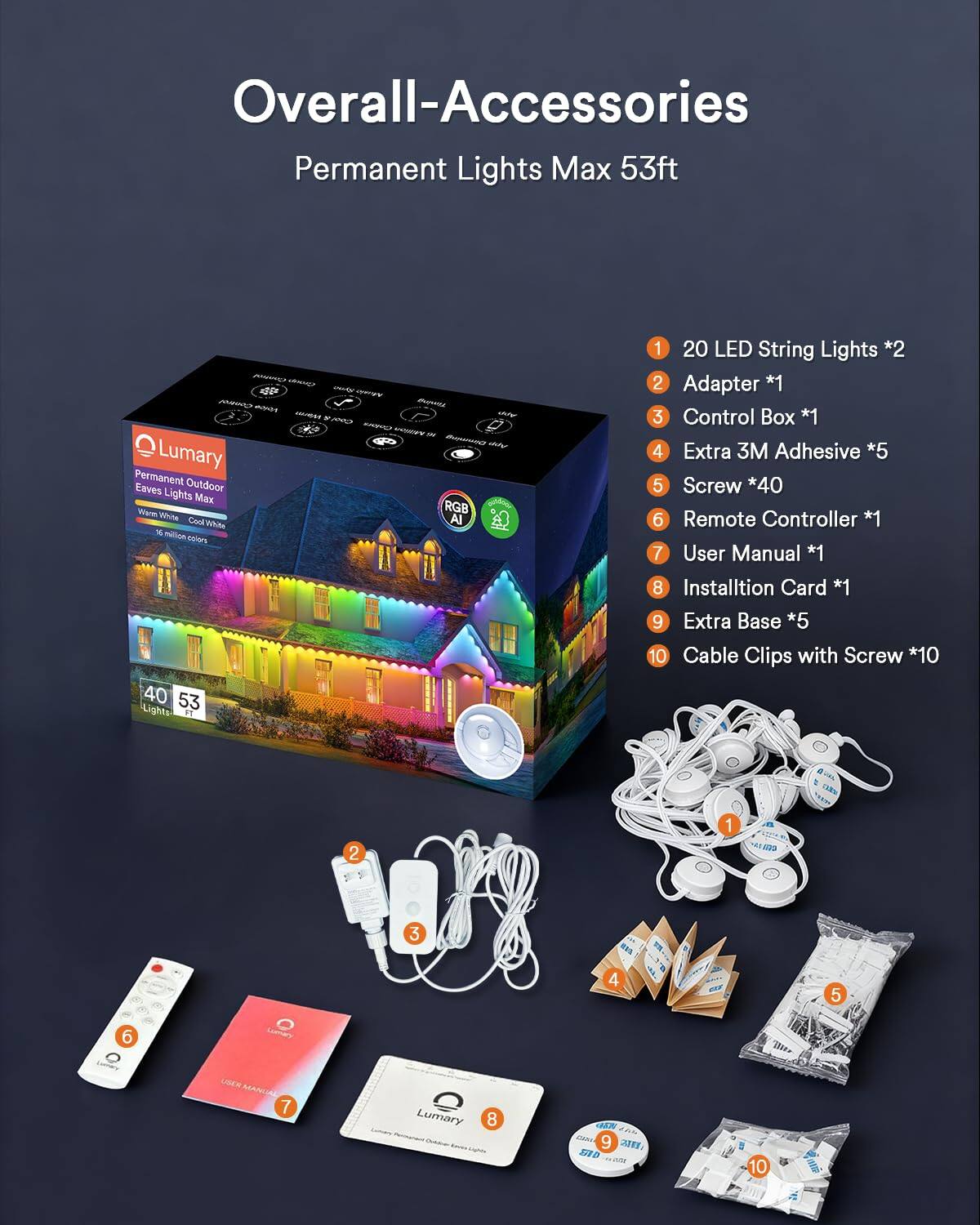 Overall-Accessories Permanent Lights Max 53ft

1. 20 LED String Lights *2
2. Adapter *1
3. Control Box *1
4. Extra 3M Adhesive *5
5. Screw *40
6. Remote Controller *1
7. User Manual *1
8. Installation Card *1
9. Extra Base *5
10. Cable Clips with Screw *10