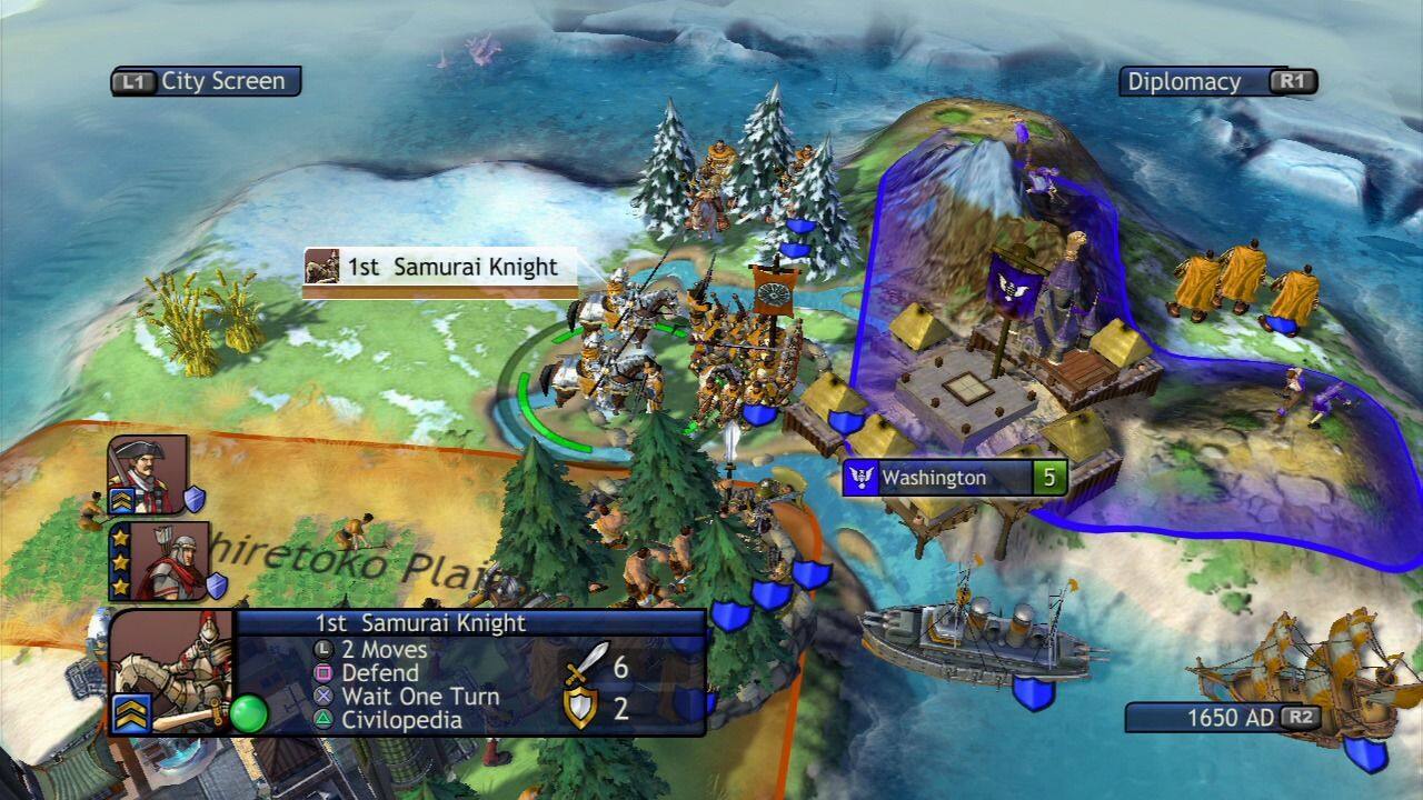 L1 City Screen  
R1 Diplomacy  
1st Samurai Knight  
Washington 5  
hiretoko Plain  
1st Samurai Knight  
2 Moves  
Defend  
Wait One Turn  
Civilopedia  
6  
2  
1650 AD R2