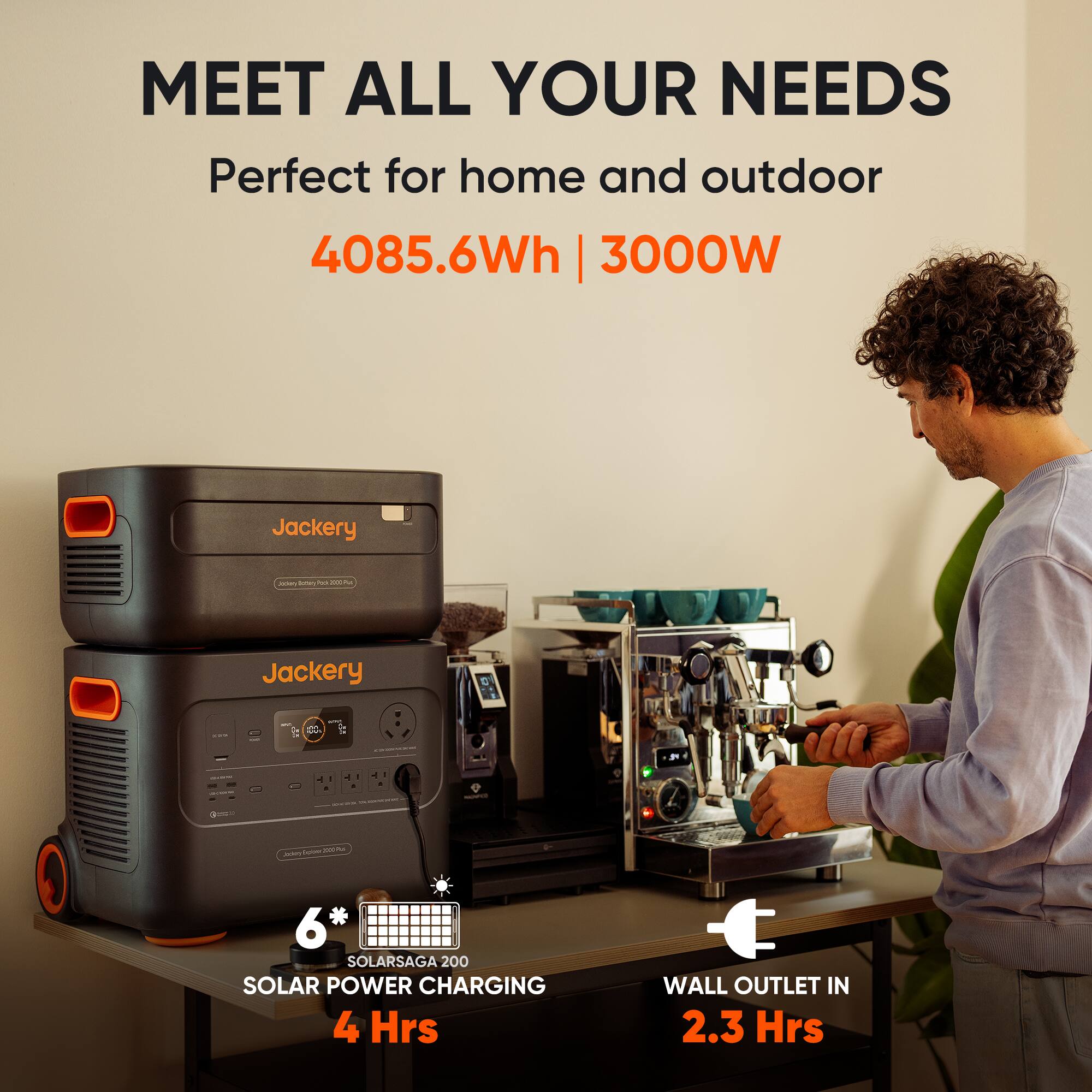 MEET ALL YOUR NEEDS  
Perfect for home and outdoor  
4085.6Wh | 3000W  

6* SOLARSAGA 200  
SOLAR POWER CHARGING 4 Hrs  

WALL OUTLET IN 2.3 Hrs