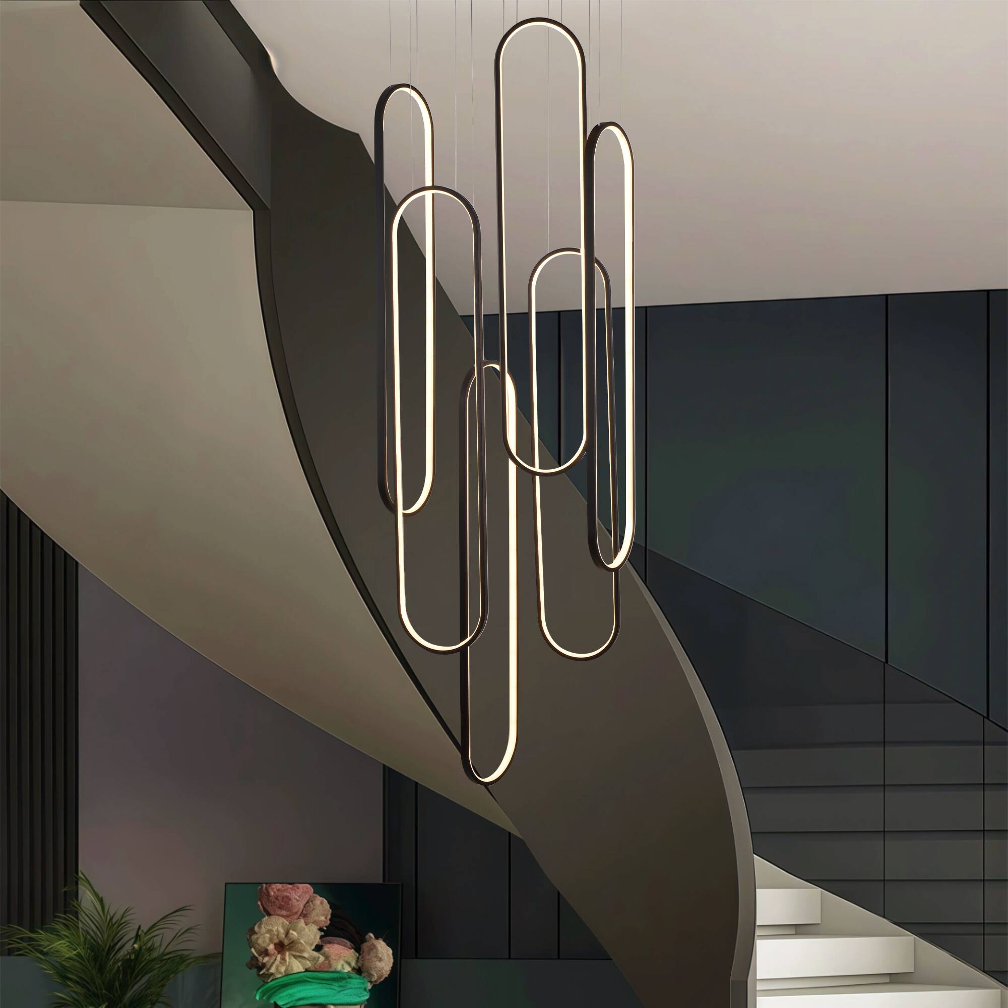 Back. RYHNUYNE - 6-Ring Modern LED Dimmable Pendant Light Fixture,Black Large High Ceiling Chandelier,Contemporary Light for Staircase - Black.