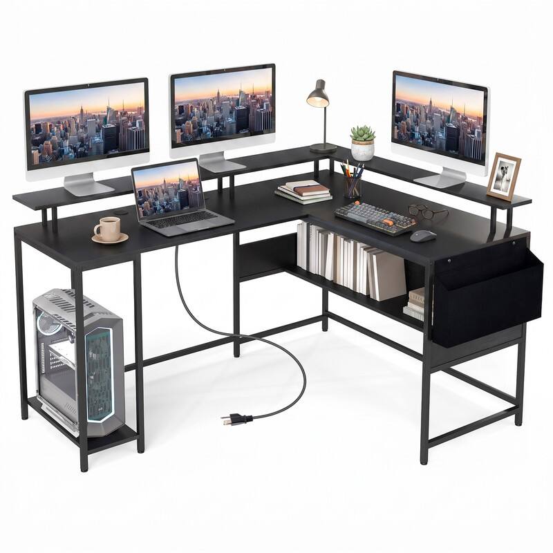 Angle. WELLFOR - L Shape Desk with LED Lights and Power Outlets, Computer Desk with Storage Bag & CPU Stand for Home Office Gaming - Black.