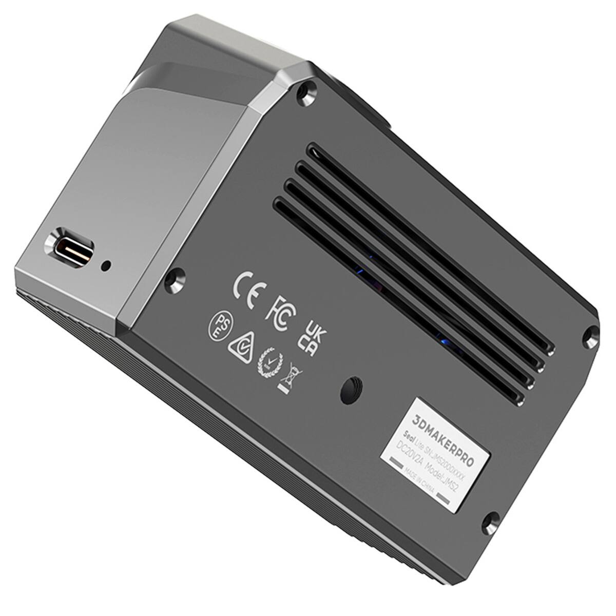 The text on the image reads: "E CE PS CEF FC U aOX Seal 3DMAKERPRO Lite DC20V2A SN 2A MADE ModelJMS2 CHNA."
