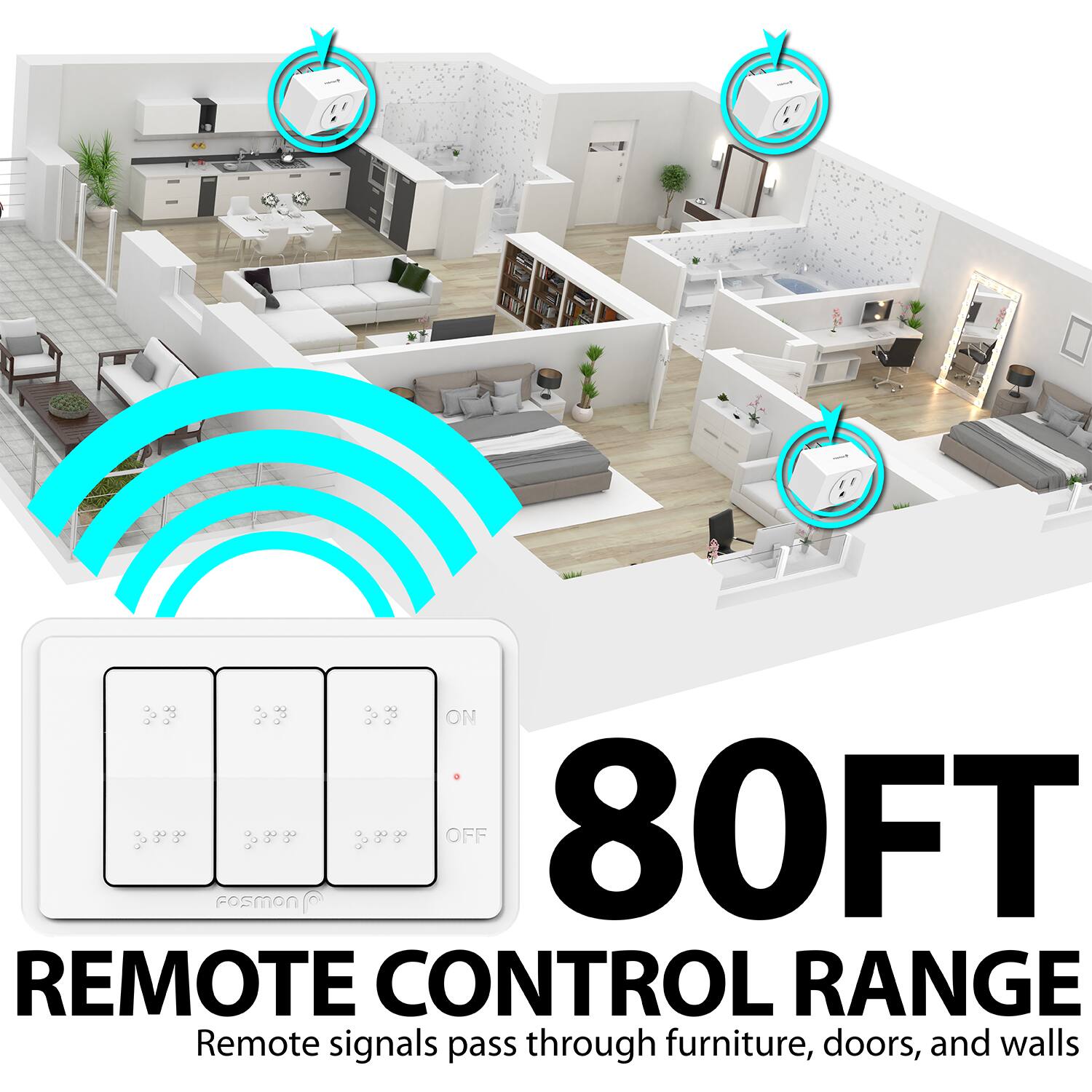 80FT REMOTE CONTROL RANGE Remote signals pass through furniture, doors, and walls ON OFF