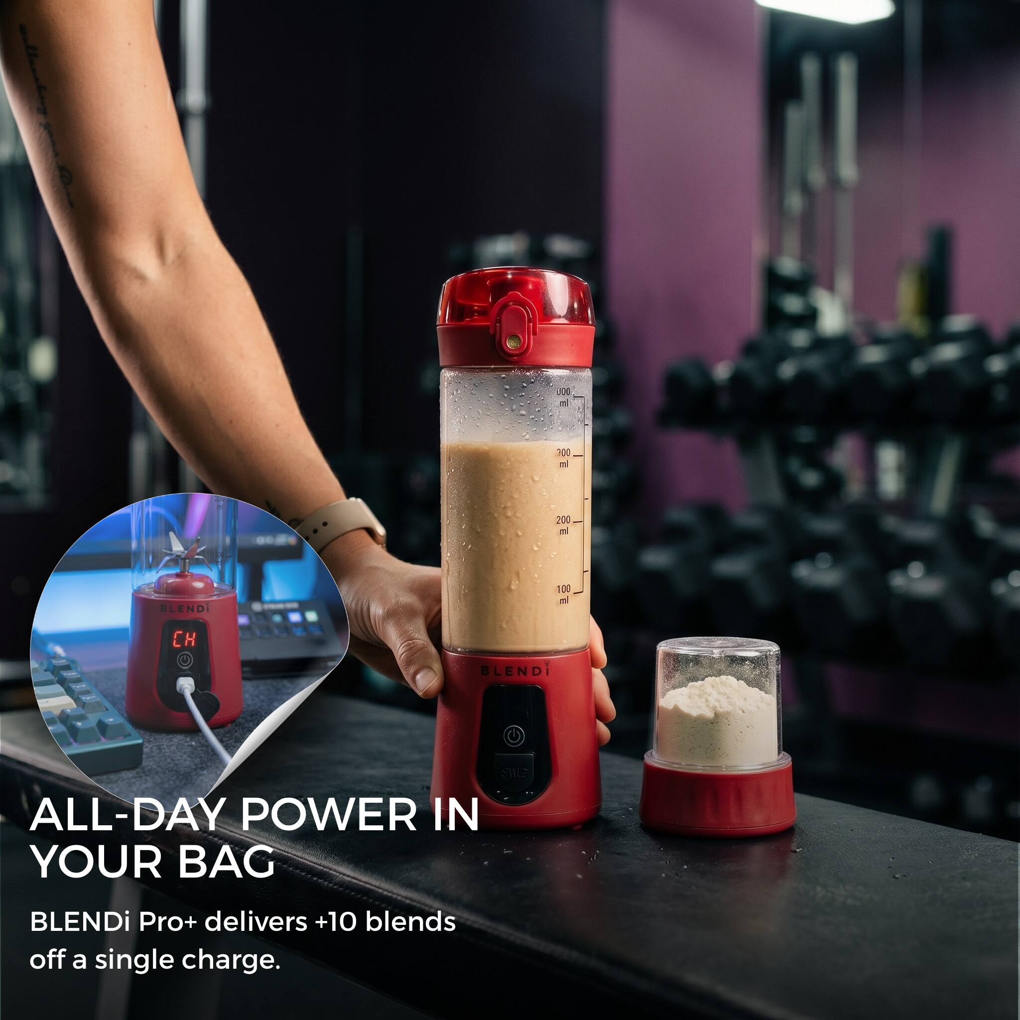 300 ml  
200 ml  
100 ml  

BLENDi  
ALL-DAY POWER IN YOUR BAG  
BLENDi Pro+ delivers +10 blends off a single charge.