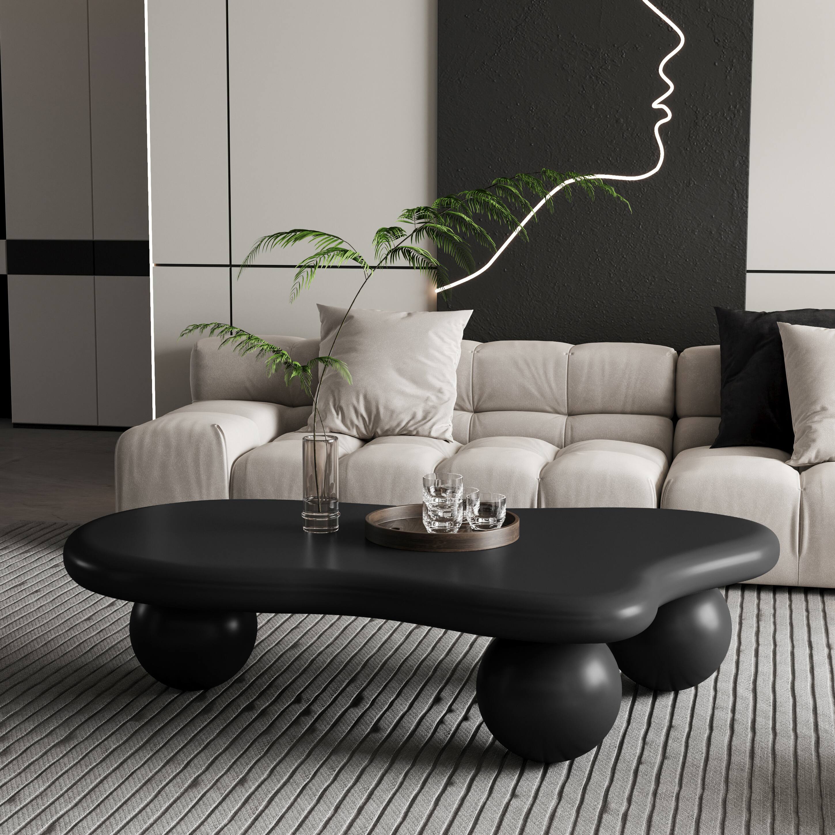 Left. Loheer - Loheer Black Cloud Coffee Table 47 Inch Irregular Center Table with Ball Legs - Black.