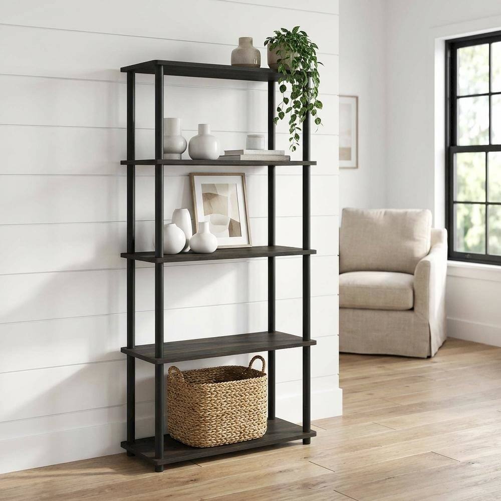Angle. FurniFact - Wood bookcase with sleek design - Espresso/Black.