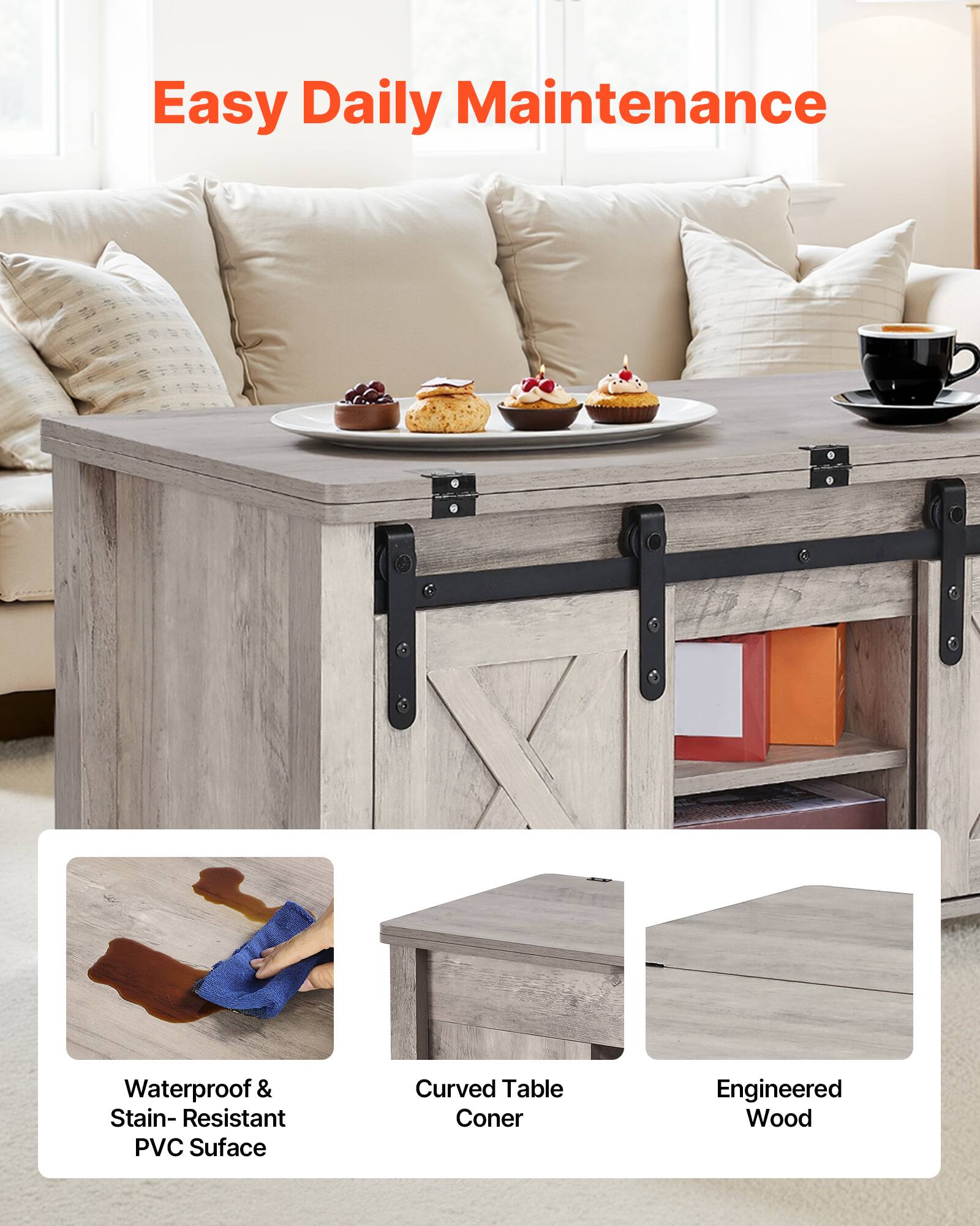 Easy Daily Maintenance

- Waterproof & Stain-Resistant PVC Surface
- Curved Table Corner
- Engineered Wood