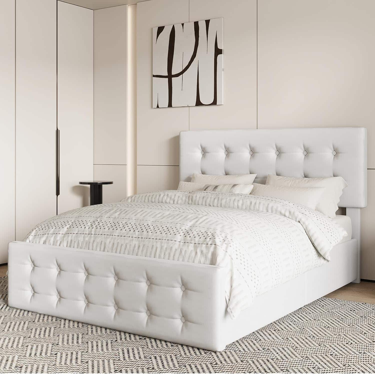 Babevy - Full/Queen/King Bed Frame with 4 Drawers & Adjustable Headboard, Faux Leather Upholstered Mattress Foundation - Beige