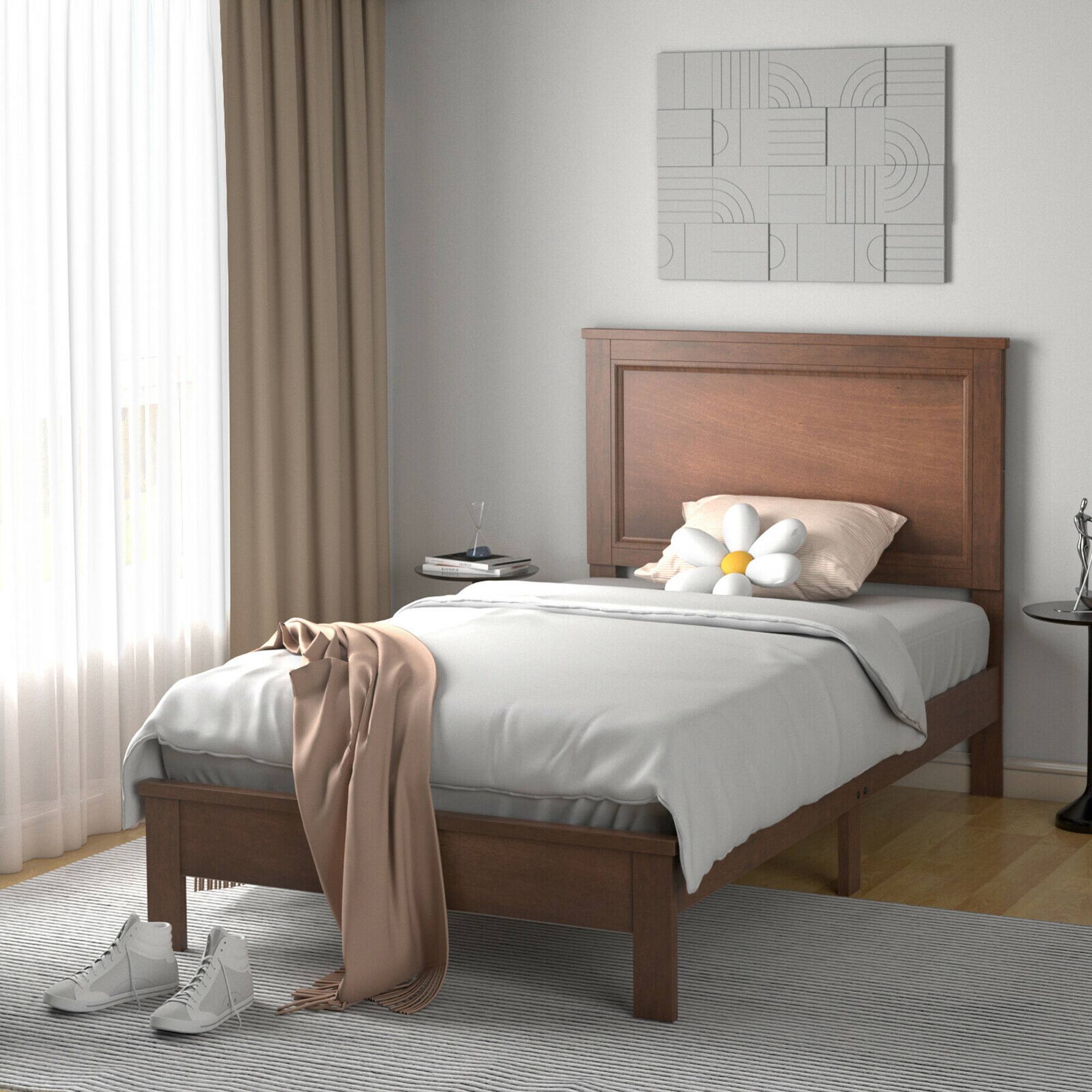 Alt View 1. Costway - Costway Twin Size Bed Frame Platform Slat High Headboard Bedroom Rubber Wood Leg Walnut - Walnut.
