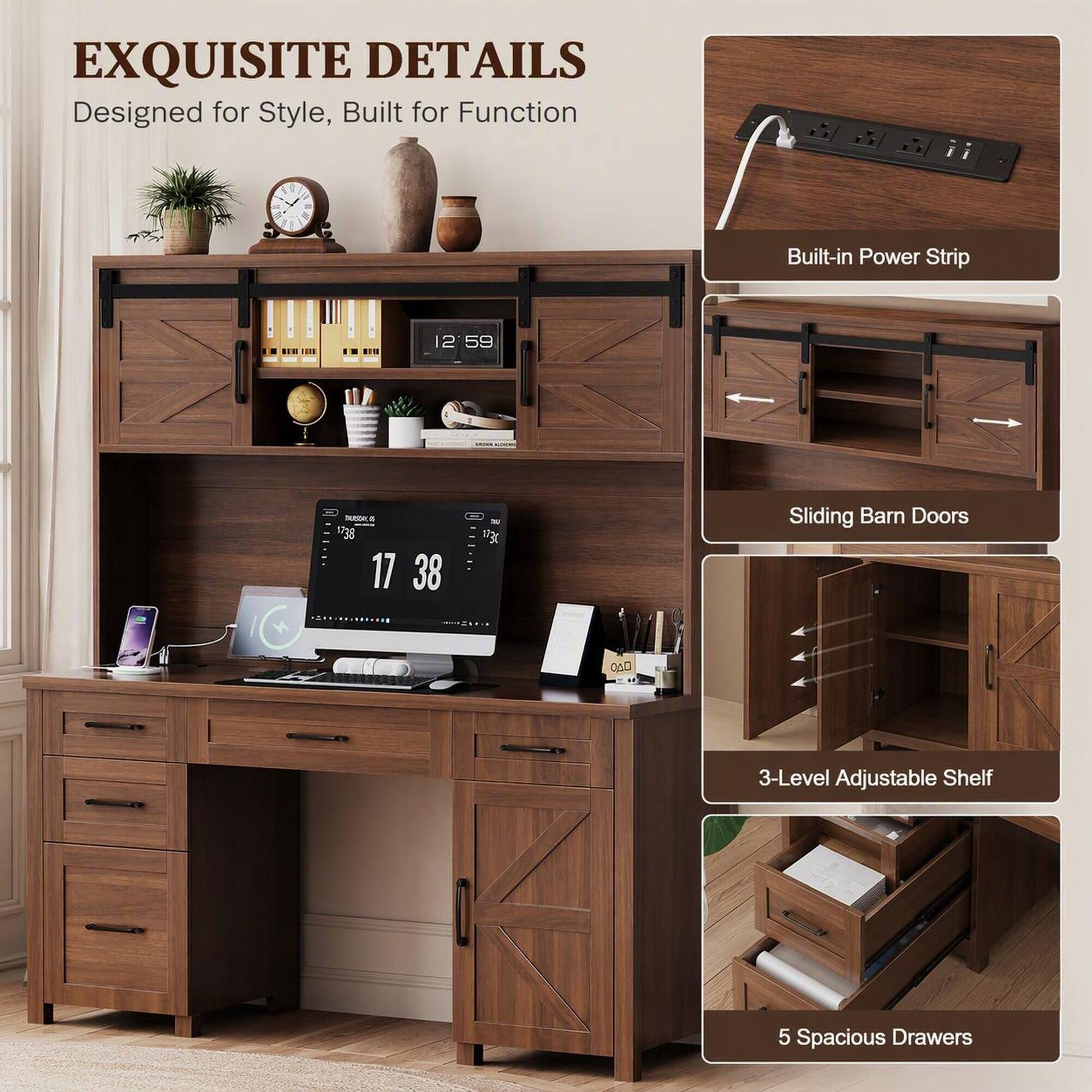 RYHNUYNE Farmhouse Executive Desk with Charging Station, 61 inch ...