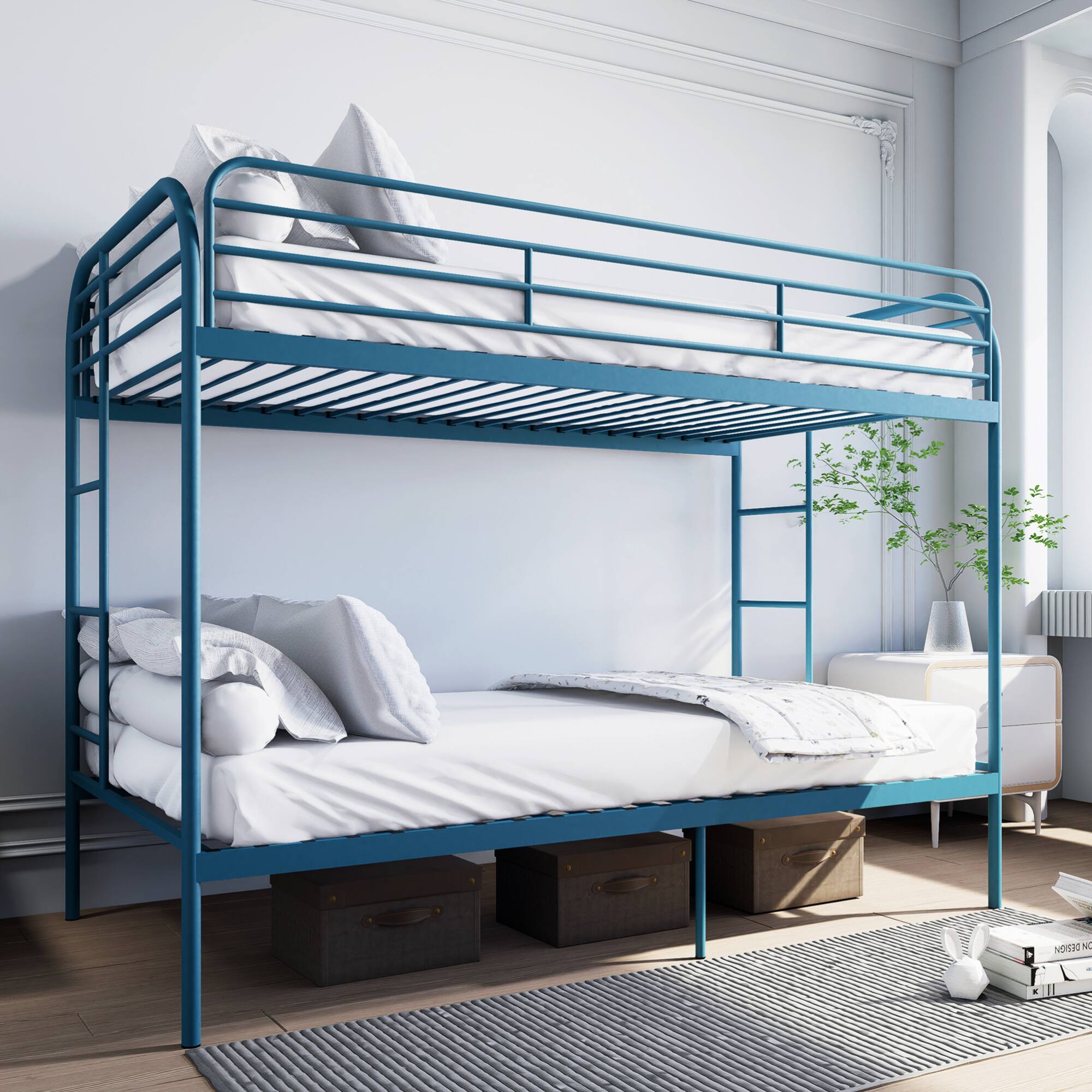 Alt View 1. GOODSILO - Metal Twin Over Twin Bunk Bed with Dual Ladders and Full-Length Safety Rails, Space-Saving Design for Kids and Teens - Blue.
