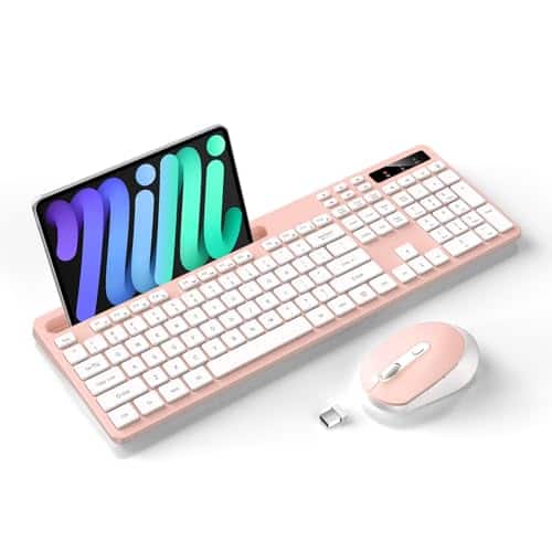 Comfort Essence - Wireless and Mouse Combo Full-Sized Computer with Phone Tablet Holder 22 Multimedia Shortcuts Numeric Keypad - Pink