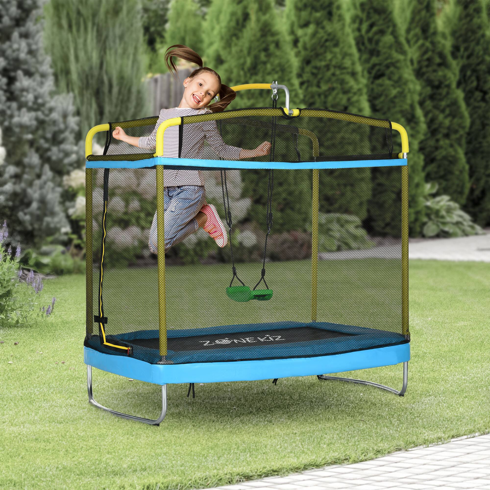 Angle. Qaba - Trampoline for Kids, 6.9' Kids Trampoline with Enclosure, 3 in 1 Toddler Trampoline with Swing, Gymnastics Bar - Light Blue.
