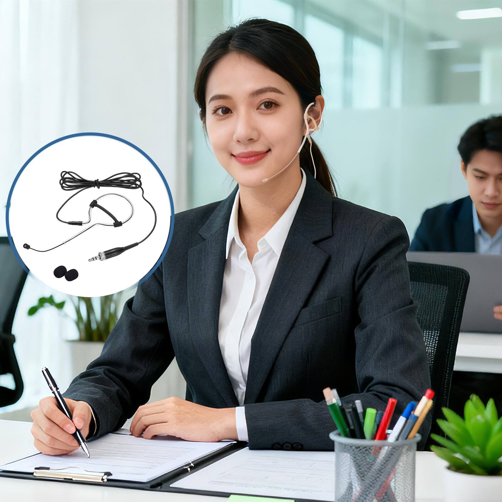 Alt View 6. Unique Bargains - Ear Hook Headset Microphone Single Over Ear Omnidirectional Wired Condenser with 3.5mm Female Screw Plug 3.9ft Cable - Beige.