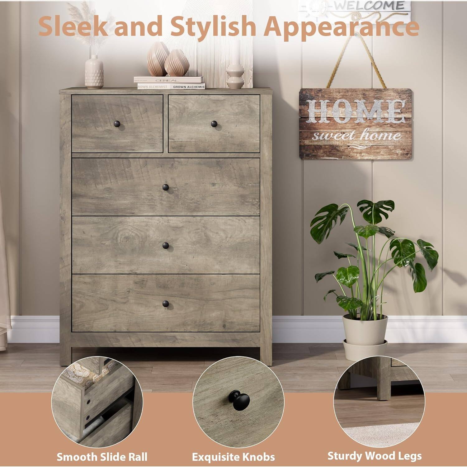 - Sleek and Stylish Appearance
- Smooth Slide Rail
- Exquisite Knobs
- Sturdy Wood Legs
- HOME sweet home