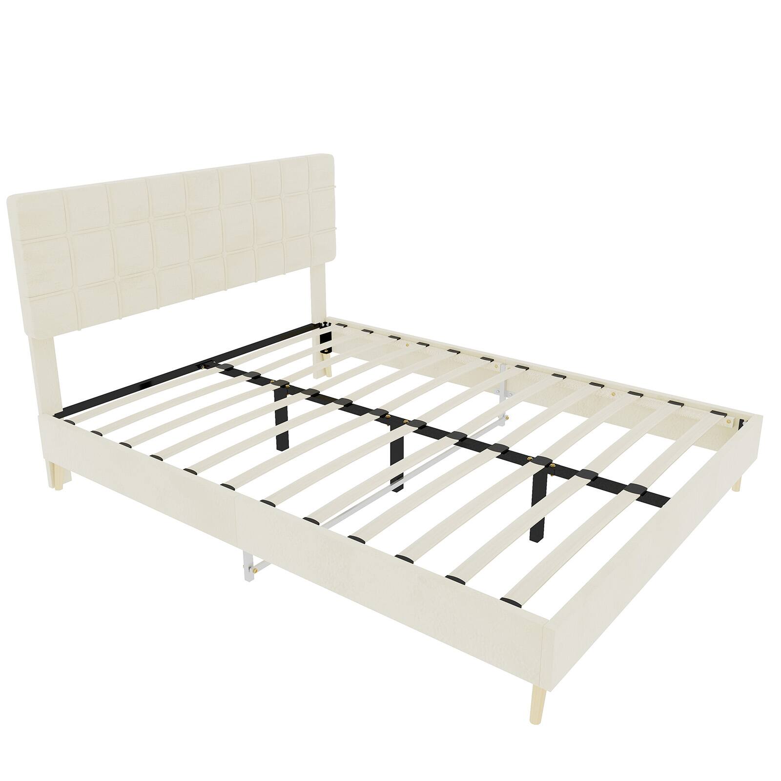 Alt View 1. Loheer - Loheer Beige Upholstered Queen Bed Frame with Soft Padded Headboard Modern Minimalist Bedroom Furniture - Beige.