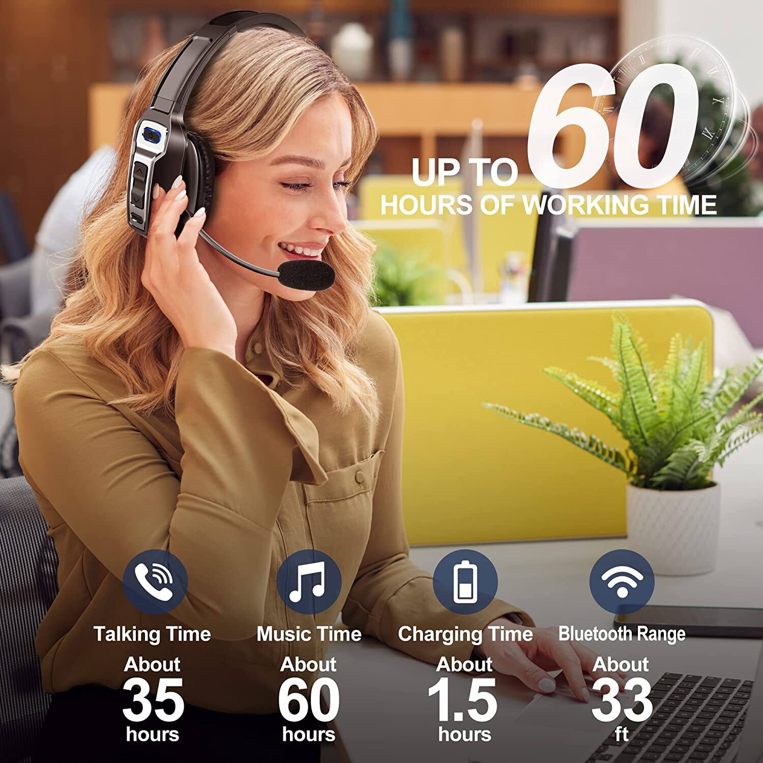 - UP TO 60 HOURS OF WORKING TIME

- Talking Time: About 35 hours
- Music Time: About 60 hours
- Charging Time: About 1.5 hours
- Bluetooth Range: About 33 ft