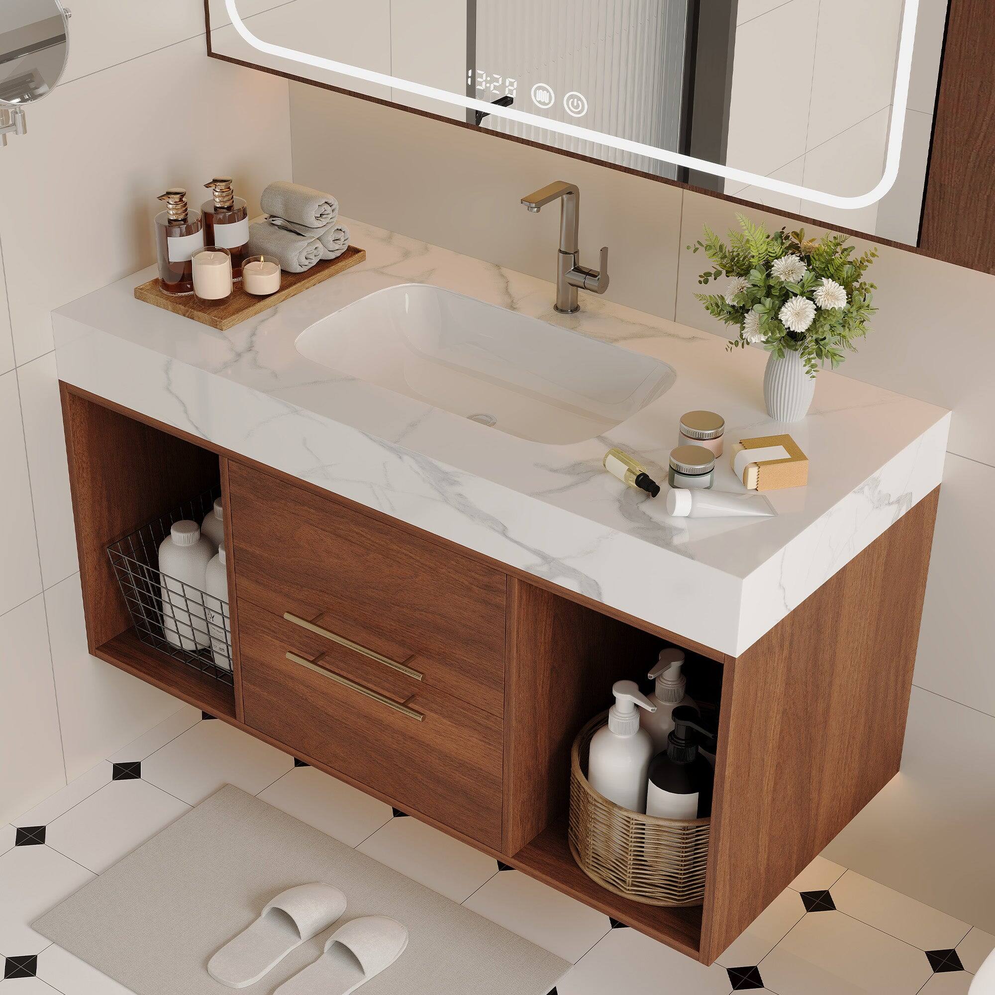 Alt View 2. Boyel Living - 39.4 In Floating Bathroom Vanity Oval Ceramic Sink Solid Wood Soft Close Drawers - Walnut.