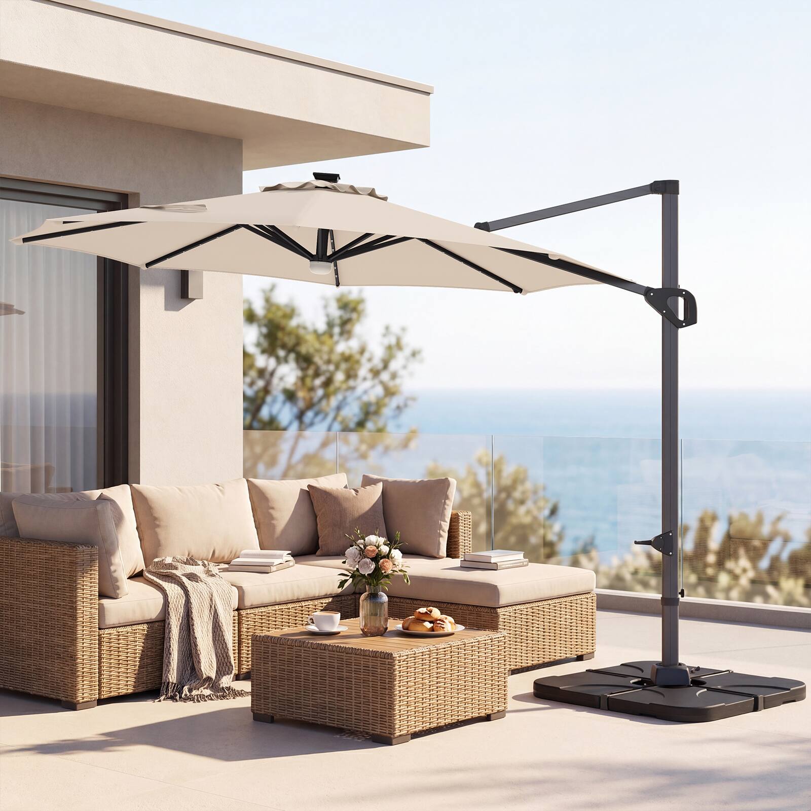 Alt View 3. Costway - Costway 10 FT Cantilever Patio Umbrella with 35 Solar LED Lights 220 LBS Base 360° Rotation - Beige + Black.
