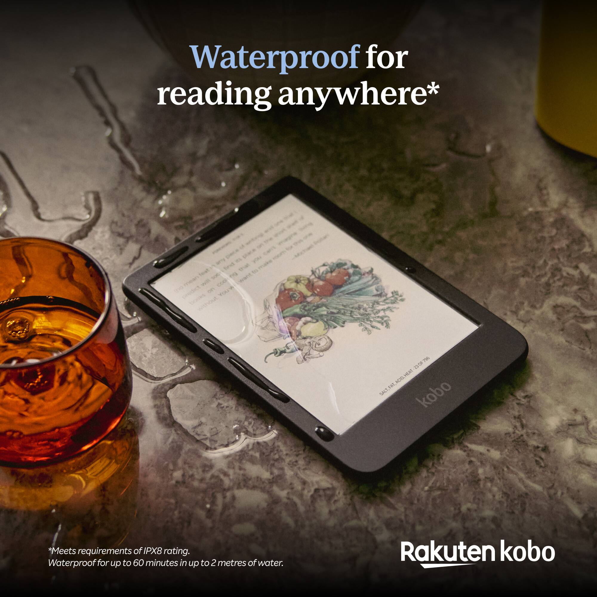 Waterproof for reading anywhere*

*Meets requirements of IPX8 rating. Waterproof for up to 60 minutes in up to 2 metres of water.

Rakuten kobo