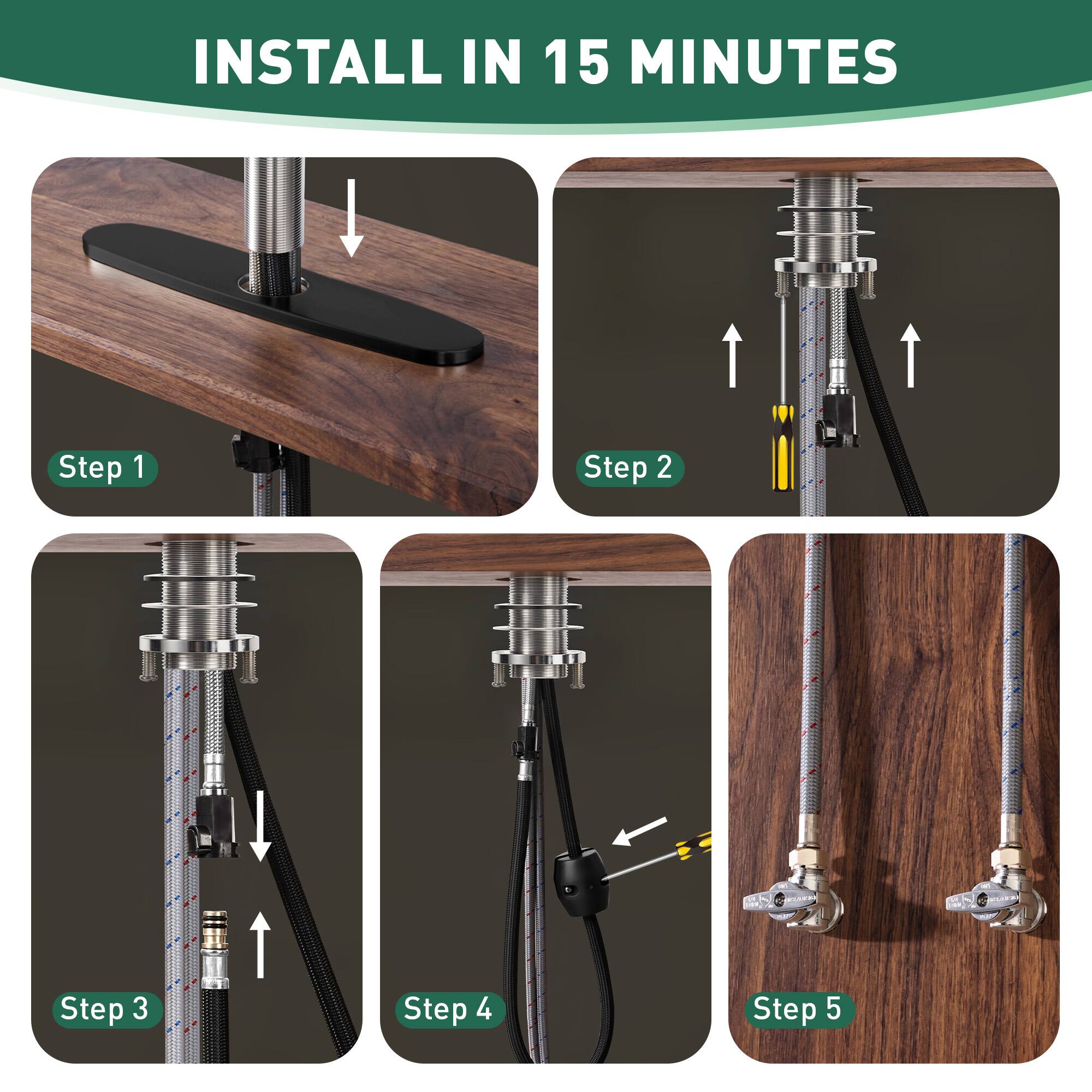 INSTALL IN 15 MINUTES

Step 1

Step 2

Step 3

Step 4

Step 5