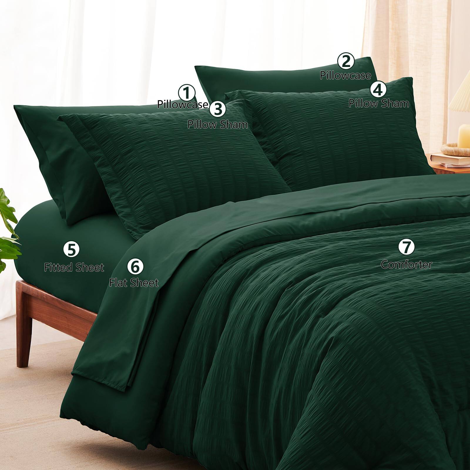 1. Pillowcase  
2. Pillowcase  
3. Pillow Sham  
4. Pillow Sham  
5. Fitted Sheet  
6. Flat Sheet  
7. Comforter