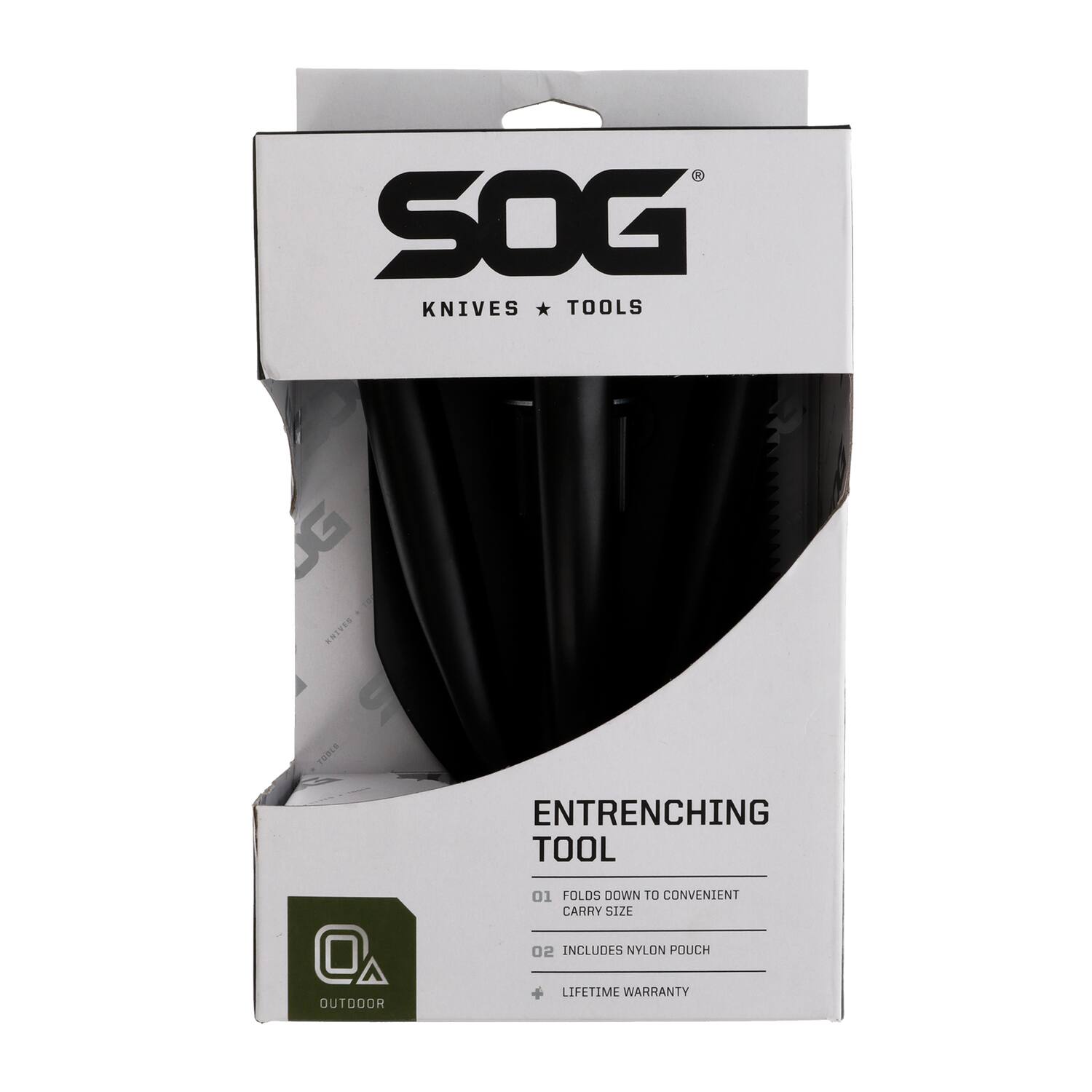 SOG KNIVES * TOOLS  
ENTRENCHING TOOL  
01 FOLDS DOWN TO CONVENIENT CARRY SIZE  
02 INCLUDES NYLON POUCH  
LIFETIME WARRANTY