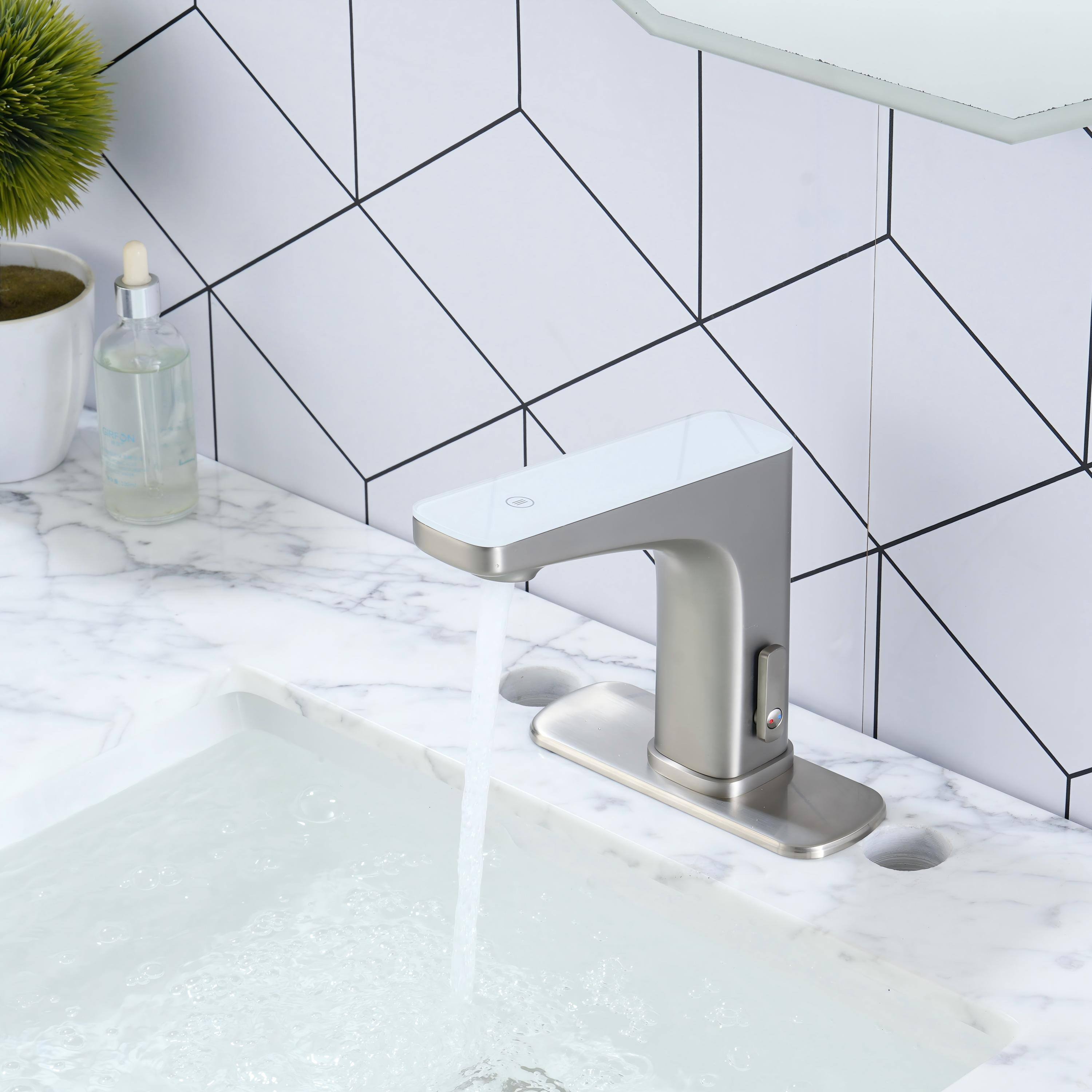 Angle. Mondawe - Dual-Sensor Touchless Bathroom Sink Faucet with Temperature Display - Brushed Nickel.