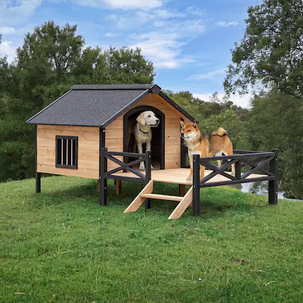 Front. Pefilos - 66" Large Dog House for Outdoor, Wooden Dog Kennel with Porch for Indoor Pet Living.