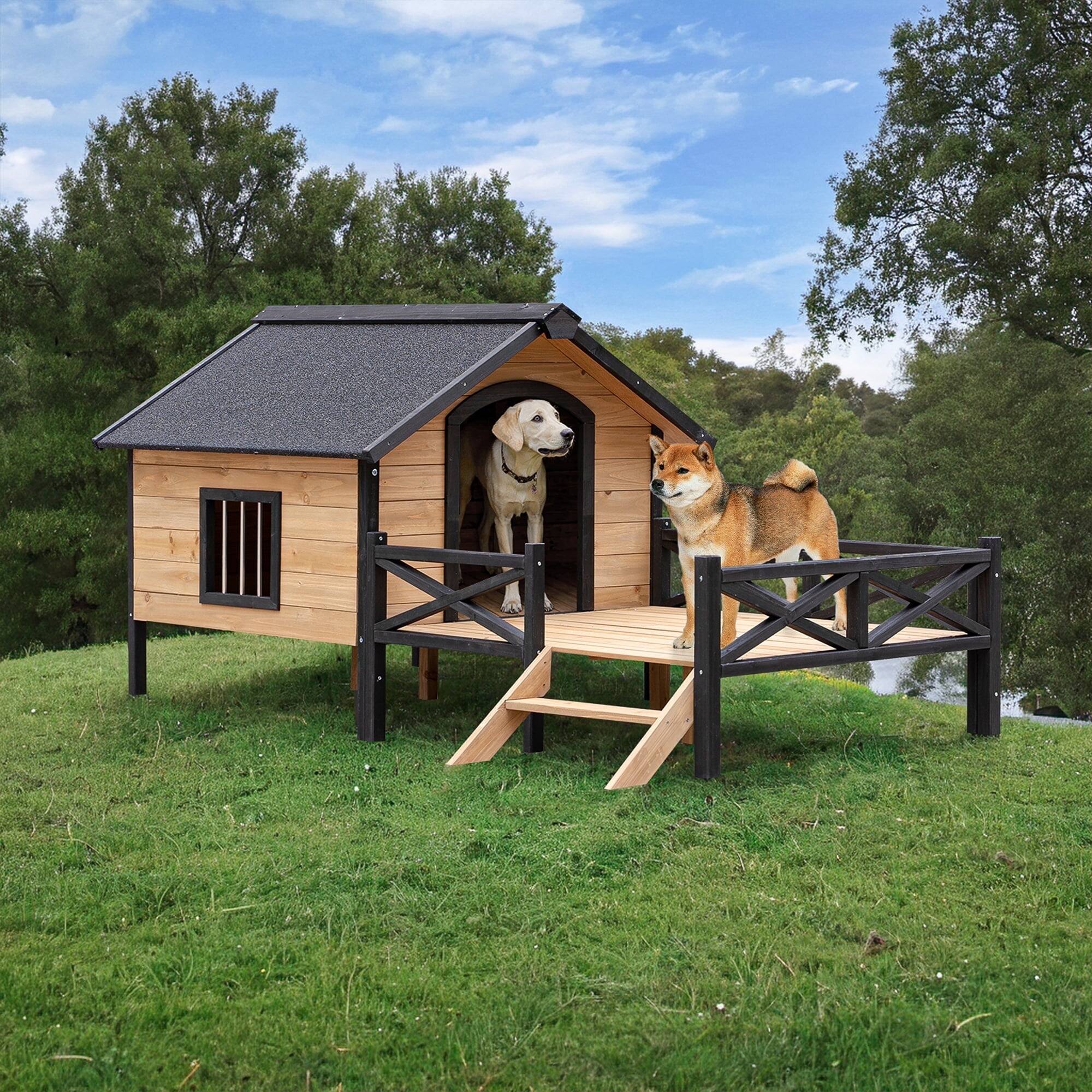 Front. Pefilos - 66" Large Dog House for Outdoor, Wooden Dog Kennel with Porch for Indoor Pet Living.