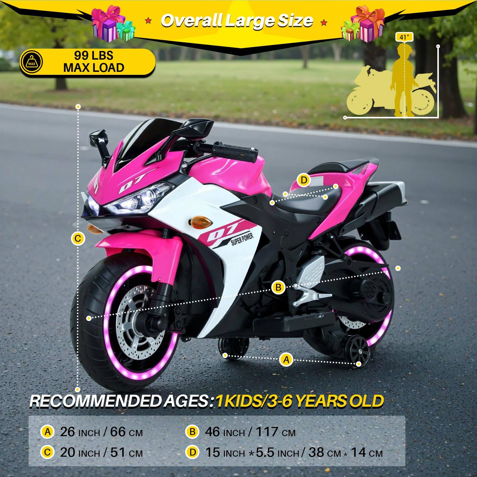 Overall Large Size  
99 LBS MAX LOAD  

RECOMMENDED AGES: 1KIDS/3-6 YEARS OLD  

A: 26 INCH / 66 CM  
B: 46 INCH / 117 CM  
C: 20 INCH / 51 CM  
D: 15 INCH *5.5 INCH / 38 CM * 14 CM  

41"