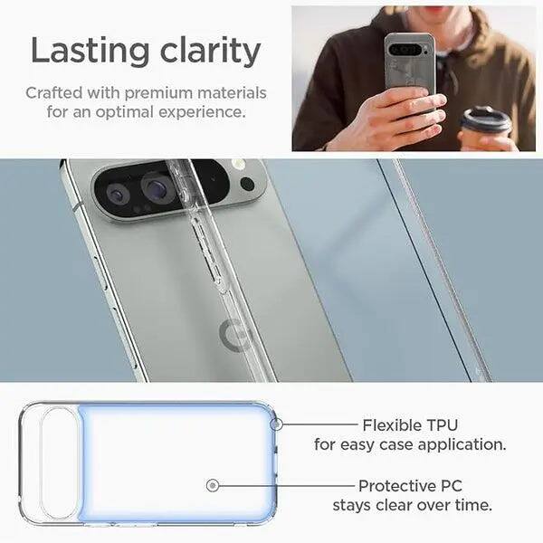 Lasting clarity  
Crafted with premium materials for an optimal experience.  
Flexible TPU for easy case application.  
Protective PC stays clear over time.