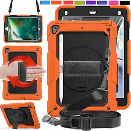 DuraSafe Cases - iPad 10.2" 9th/8th/7th Gen 2021/2020/2019 3-Layer Rugged Case with Screen Protector and Hand Strap A2197 A2200 A2198 - Orange