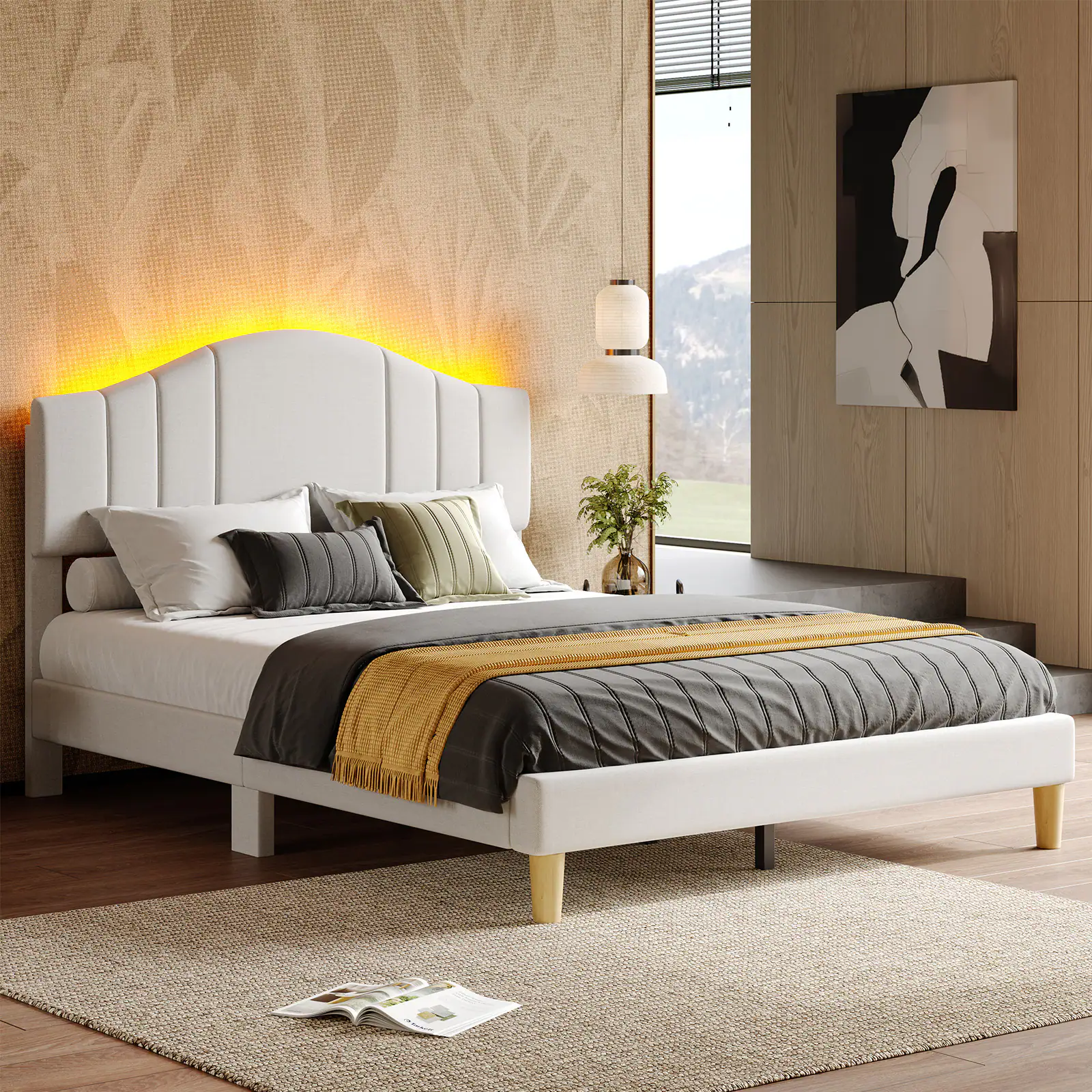 Pinmoco - Upholstered Platform Bed Frame with Adjustable LED Arc Headboard - Fabric Beige