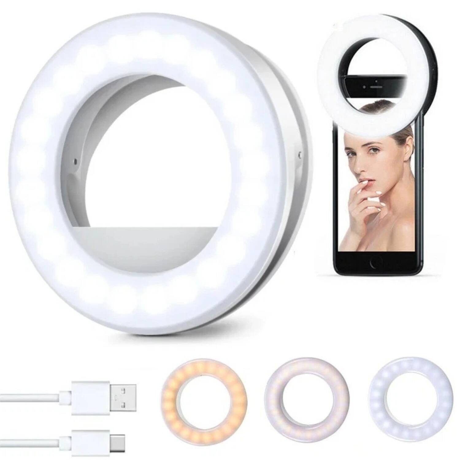 Left. Stock Preferred - Portable 40-LED Clip-On Selfie Ring Light - White.