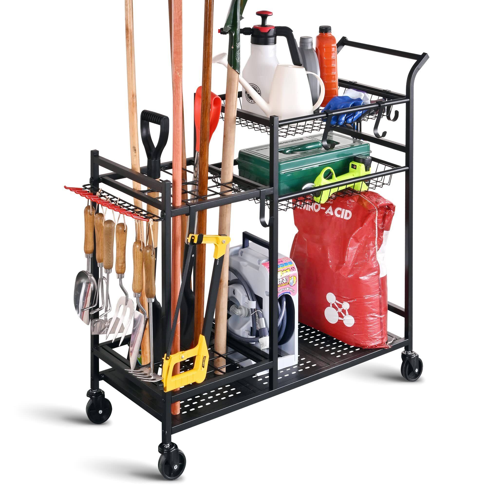ZACHVO - Rolling Garden Tool Organizer – Rake/Shovel Rack for Garage & Shed - Black