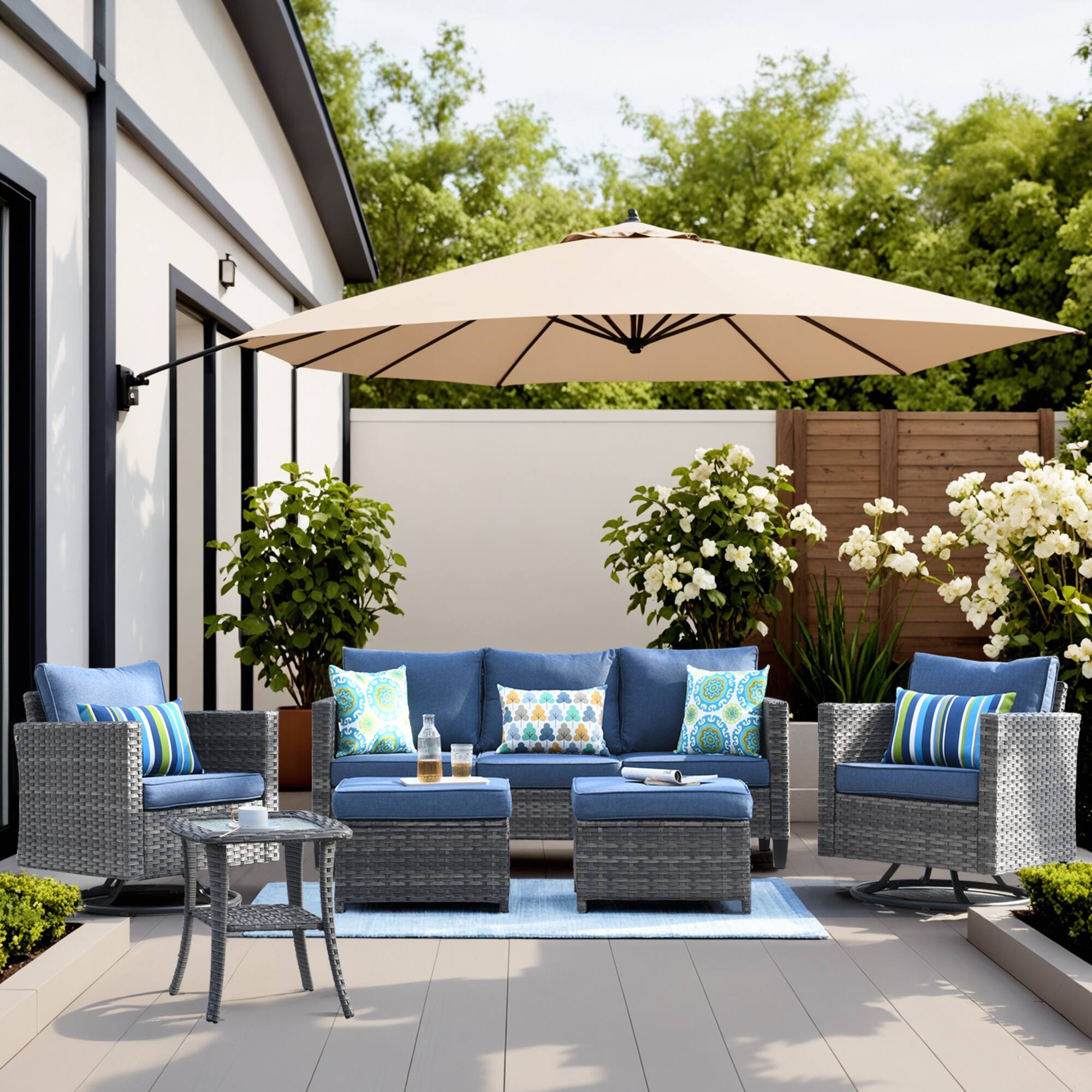 Ovios - 6 PCS Patio Furniture 3 Seat Sofa Comfy Swivel Chair with Side Table & Ottoman for Backyard - Denim Blue